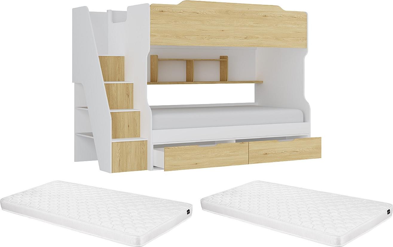 Vente-unique Etagenbett 90 x 190 cm - Mit Ablagefächern - Weiß und Natur + Matratze - YALOVA