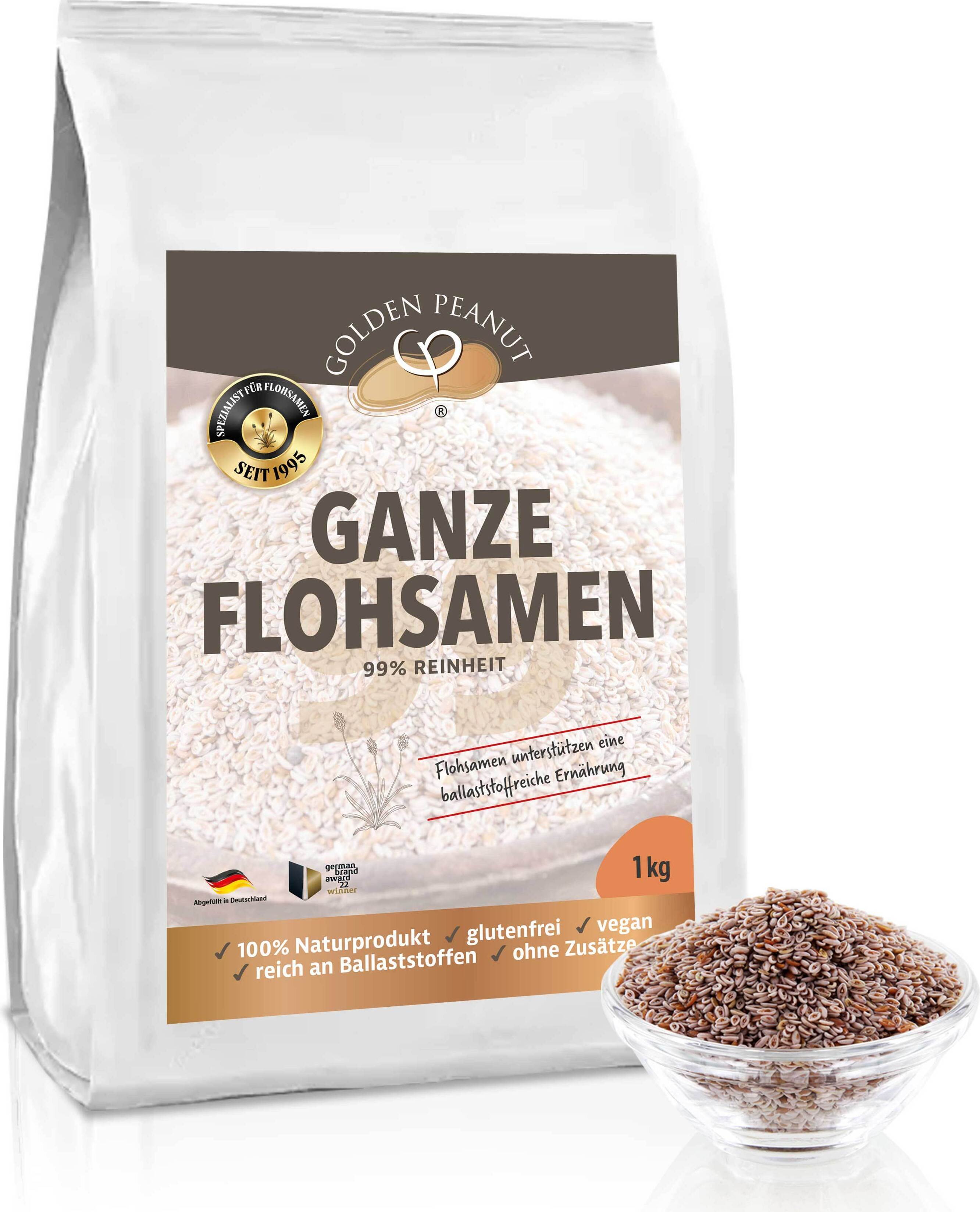 GOLDEN PEANUT Flohsamen ganz 1 kg - 99 % Reinheit, ballaststoffreich, ohne Zusätze, aus Indien, vegane und glutenfreie Backzutat 11007-01