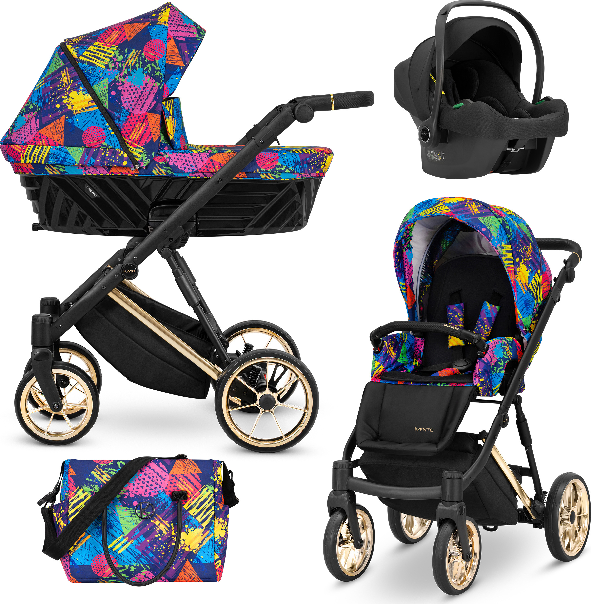 Kunert Kinderwagen IVENTO Sportwagen Babywagen Babyschale Komplettset Kinder Wagen Autositz Set 3 in 1 (Colors Impresion, Rahmenfarbe: Gold)