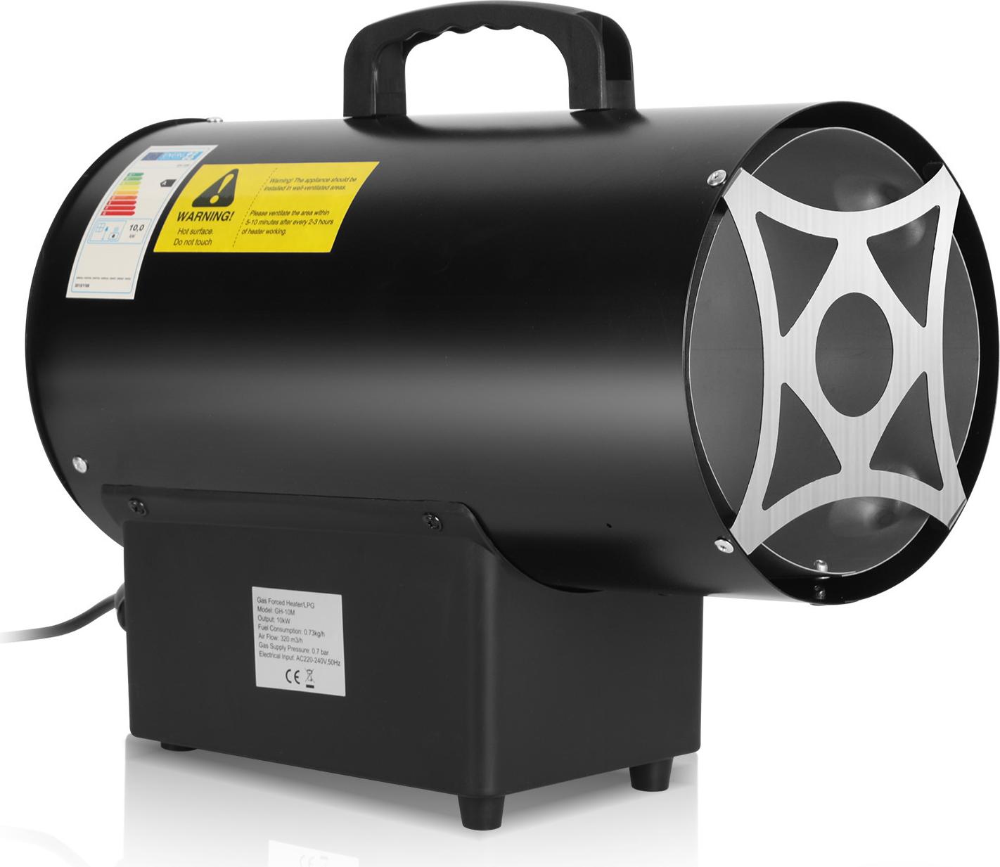 Bettizia plynový ohrievač ventilátor 10 kW priamy, plynová vykurovacia pištoľ, prietok vzduchu 320 m³/h, plynový ohrievač s hadicou, redukcia tlaku, pre plynovú fľašu na propán/bután