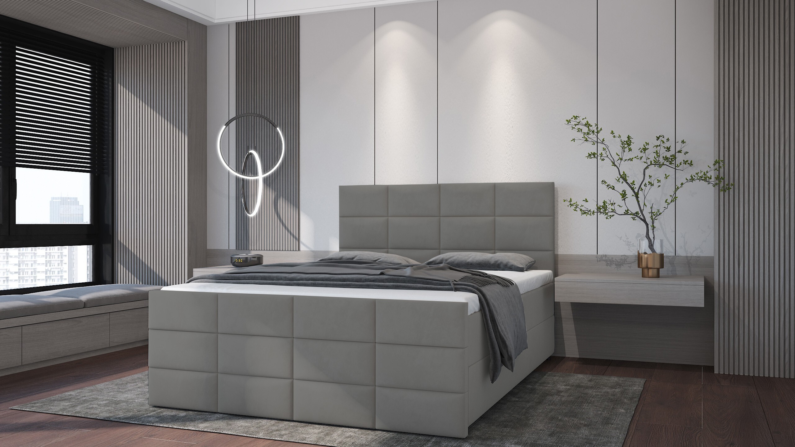 PREDAJ LEADER skriňová posteľ ANKARA 140x200 cm čalúnená posteľ s dvoma zásuvkami, kompletná súprava s matracom a topperom (4 cm), tmavo béžová, posteľná látka JASMINE 81