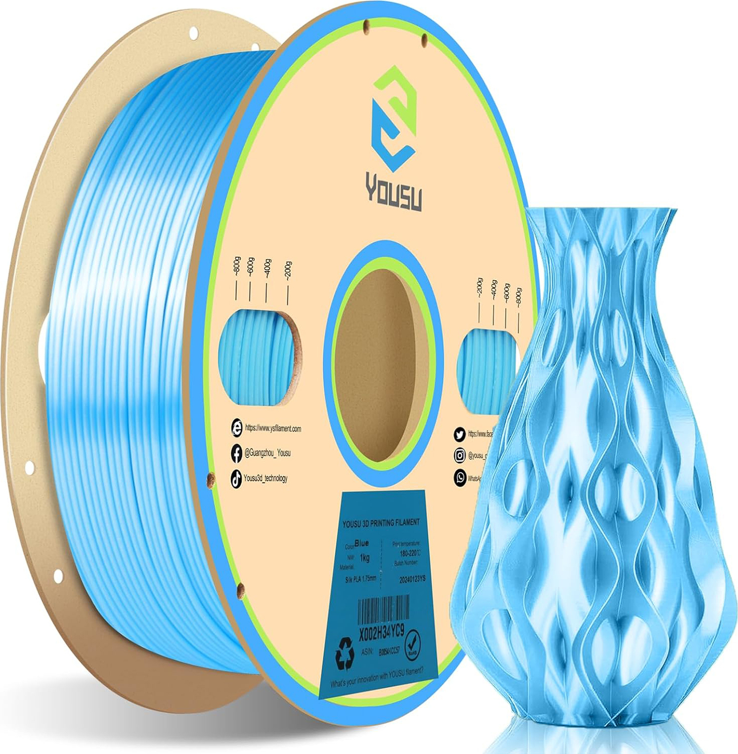 Aibecy YOUSU 3D-Drucker PLA-Filament 1kg Blau 1,75 mm, Maßgenauigkeit +/- 0,03 mm, 3D-Druckmaterial-Spule