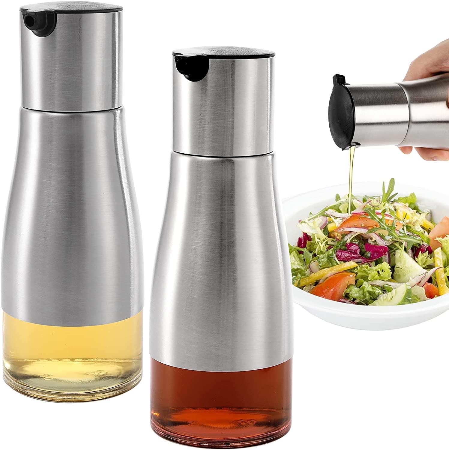 kuny 2 Stück 300ml Silberne Olivenöl und Essigspender Set, Essig und Ölspender Set, Eleganter Edelstahl mit Glasboden, Ölspender Ölflasche für Küche