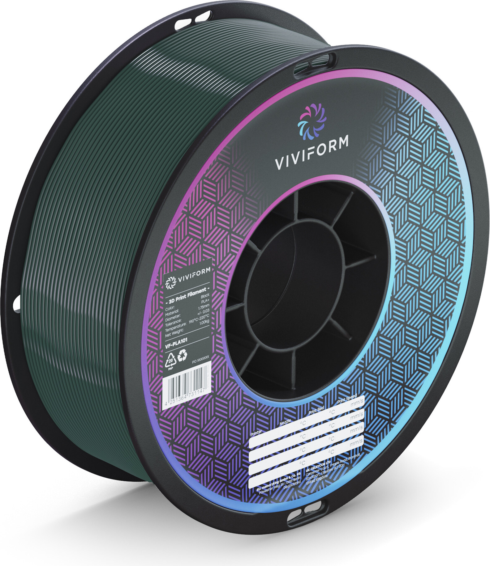 viviform.com Viviform PLA+ Filament für 3D Drucker, 1kg Rolle, Durchmesser 1,75mm +/- 0,03mm, Grün VF-PLA107