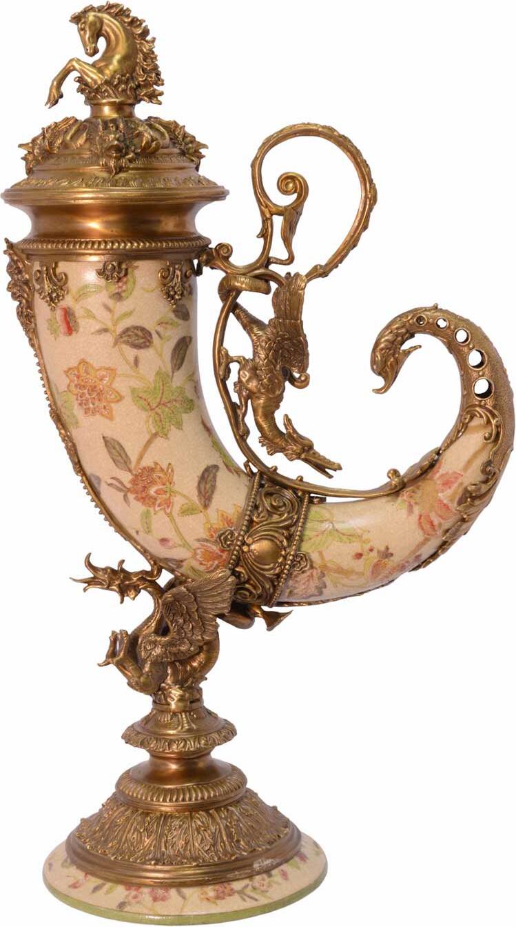 Aubaho Füllhorn Porzellan Messing Horn Pferd Drache Blume Skulptur Antik-Stil 52cm