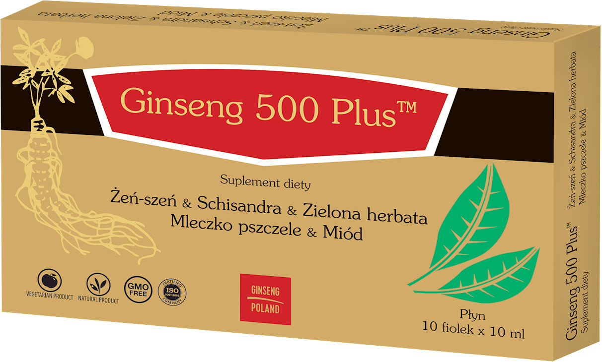 GINSENG POLAND Ginseng 500 PLUS Ginseng + Schisandra + Grüner Tee + Gelée Royale + Honig 10x10ml (Fläschchen) GINSENG POLEN