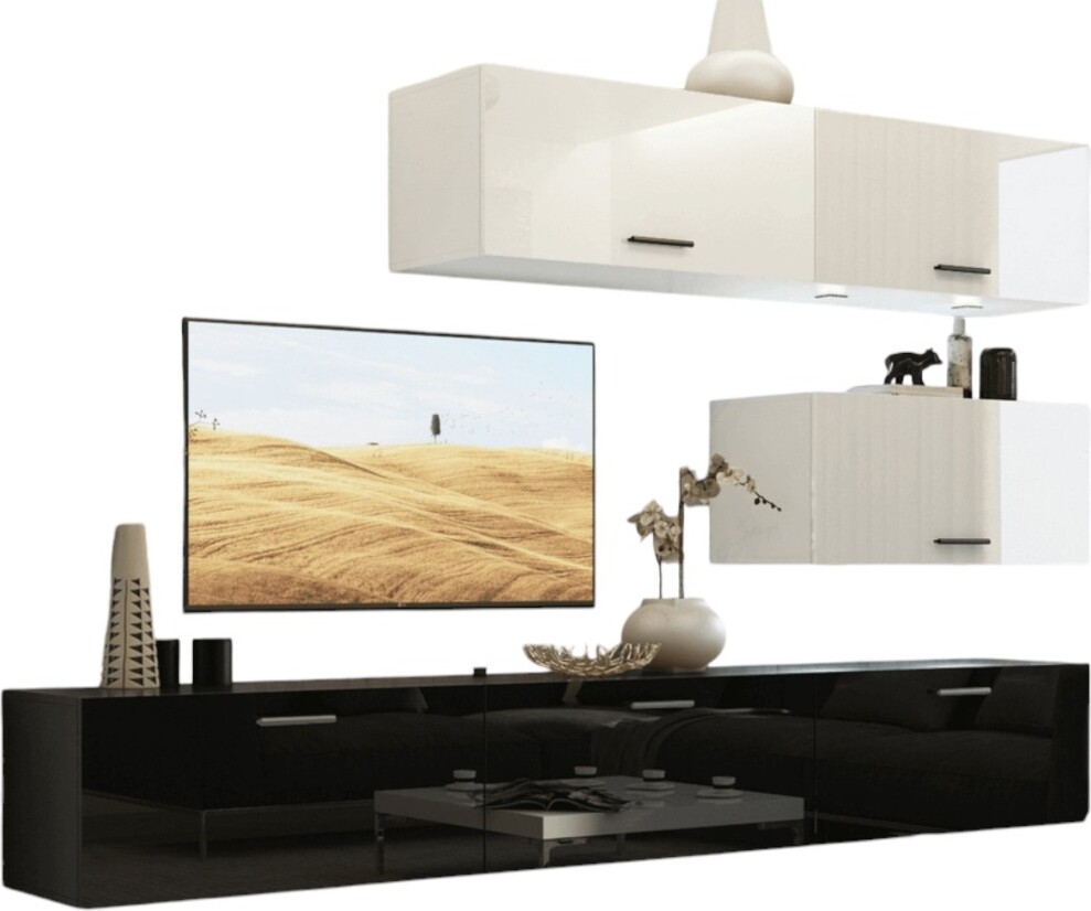 Meublorama Wohnzimmermöbelset in Weiß und Schwarz, hängend, Kollektion CEPTO XXV. 249cm, 6 Möbelstücke, LEDs, modulierbar.