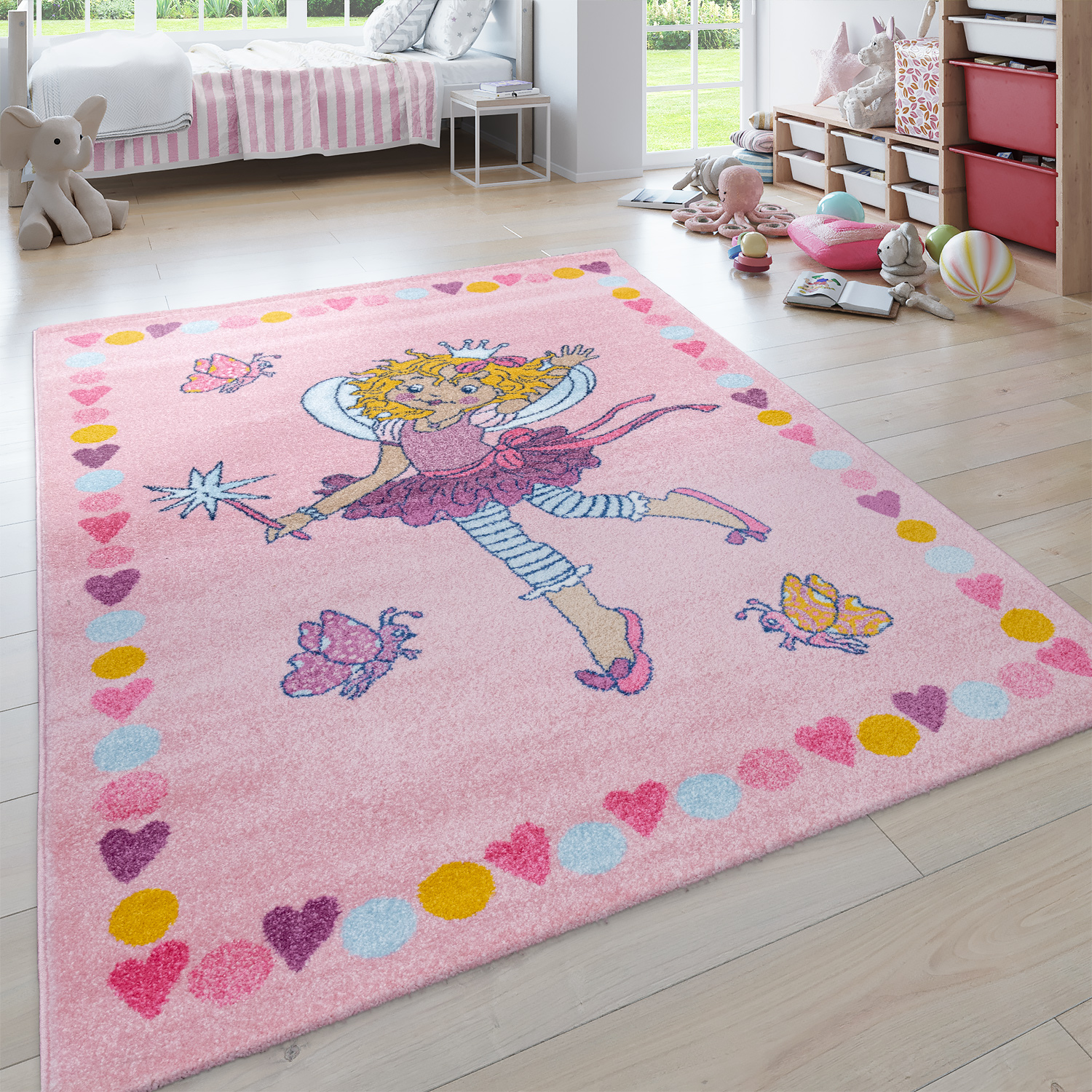 Spielzimmer kurzflor Prinzesin Teppich mit Krone rosa Teppiche für Kinderzimmer 