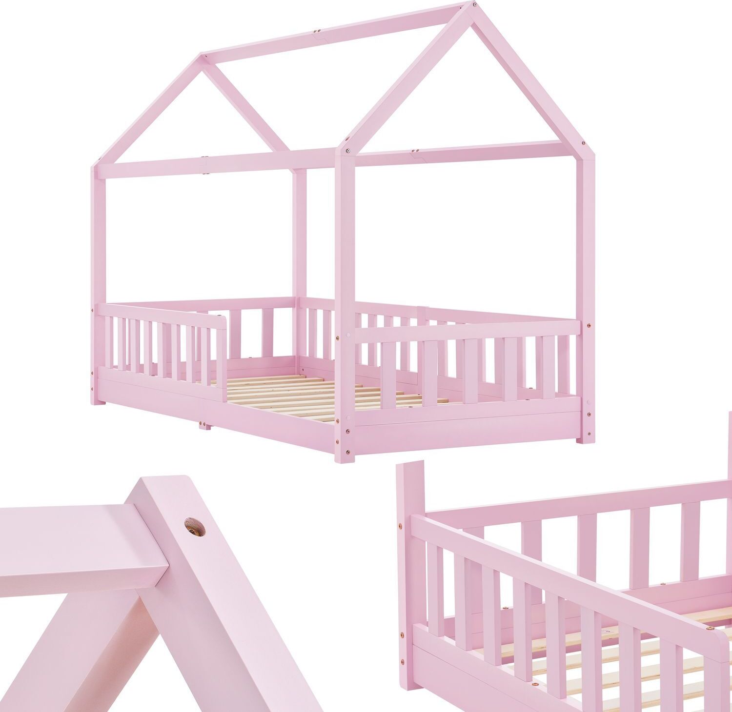 Juskys Kinderbett Marli 90 x 200 cm mit Matratze, Lattenrost & Dach - Holz Rosa 300603999