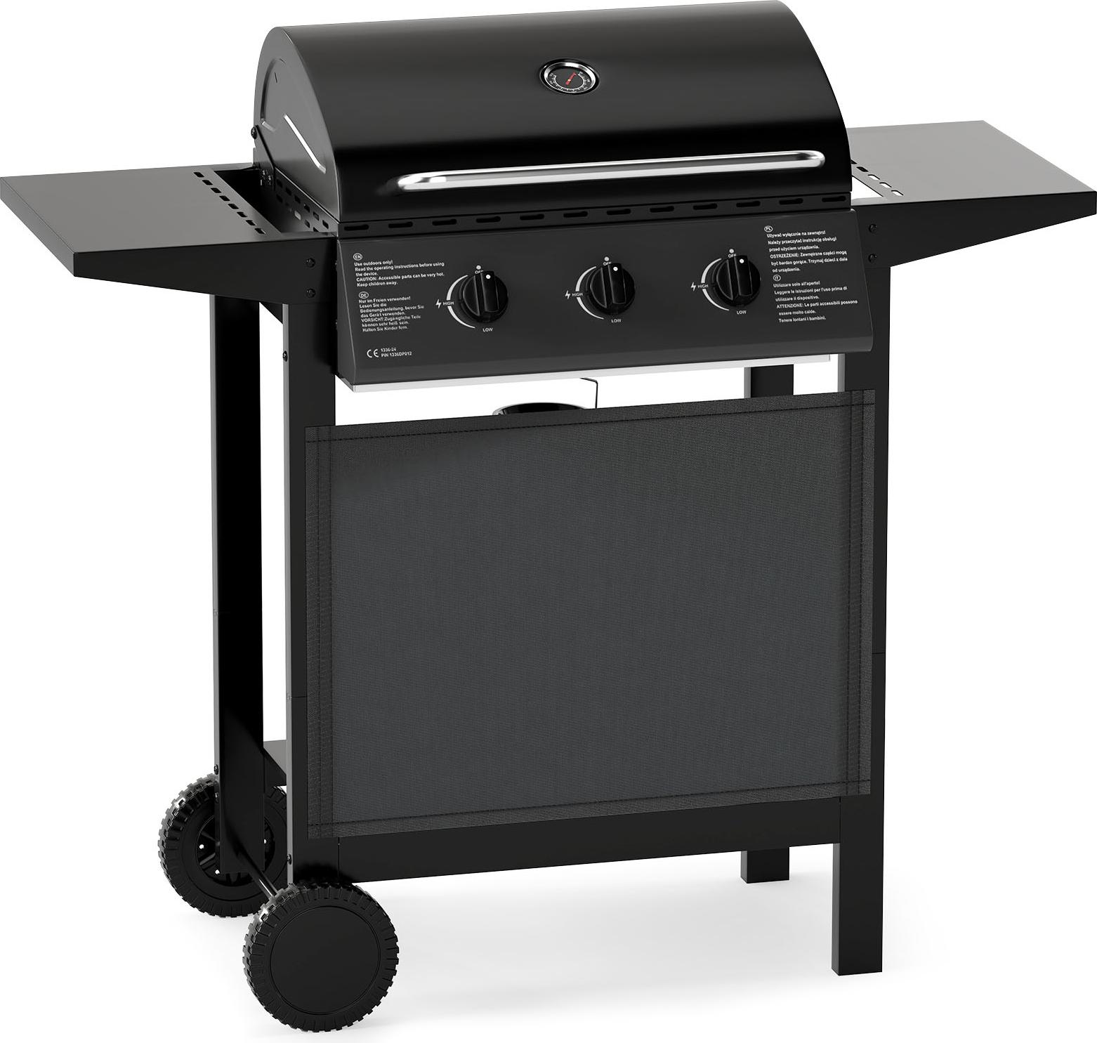 Plynový gril COSTWAY s 3 horákmi, 7 KW grilovací vozík s bočnými stolíkmi, grilovacím roštom, teplomerom, vekom a kolieskami, záhradný gril na záhradu