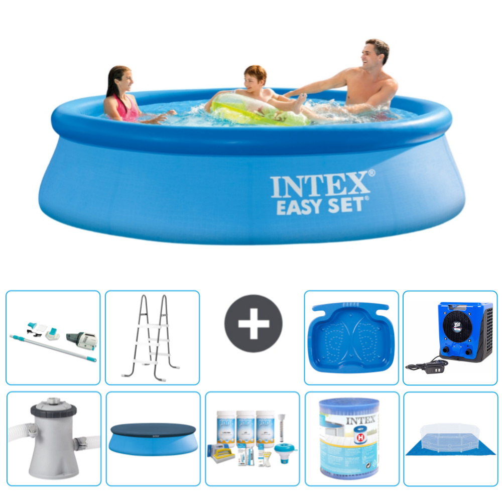 Okrúhly nafukovací bazén Intex Easy Set - 305 x 76 cm - modrý - vrátane krytu s čerpadlom - balík na údržbu - filter - podložka - vysávač - rebrík