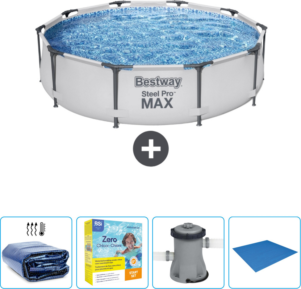 Okrúhly bazén Bestway Steel Pro MAX - 305 x 76 cm - sivý - vrátane markízy - balík na údržbu - čerpadlo - krycia plachta