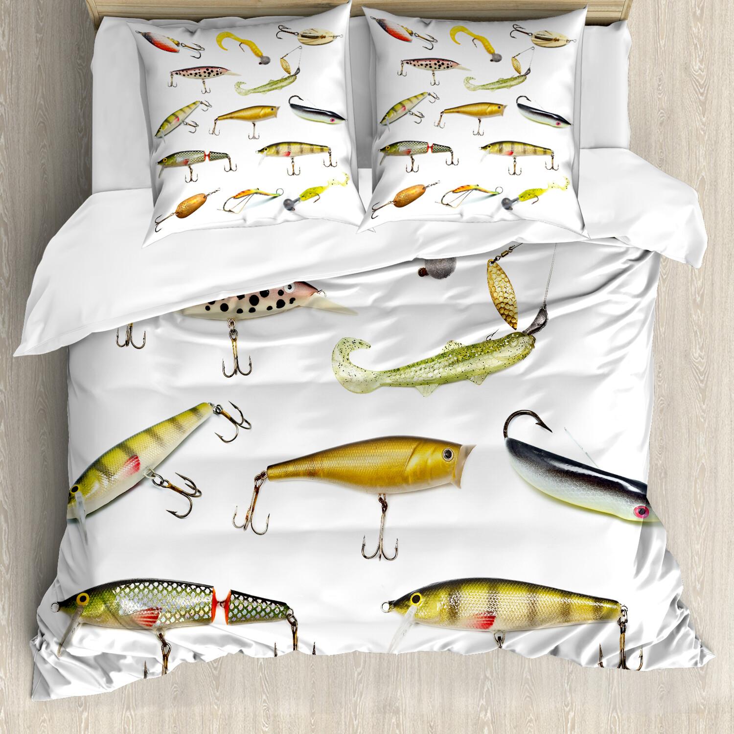 KOZMOS TEKSTL VE GER DÖNÜÜM SANAY TCARET LMTED RKET ABAKUHAUS Angeln Bettbezug Set, Angelgerät Köder für Spearing Trapping Fangen Wassertiere Mollusken Design, 200 x 200 cm + 80 x 80 cm, Mehrfarbig nevde_21299_200x200_de