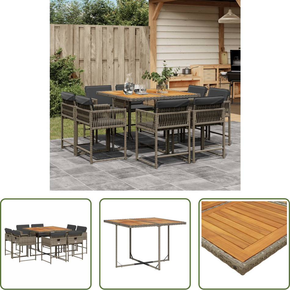 The Living Store 9-dielny záhradný jedálenský set s vankúšmi sivý polyratan