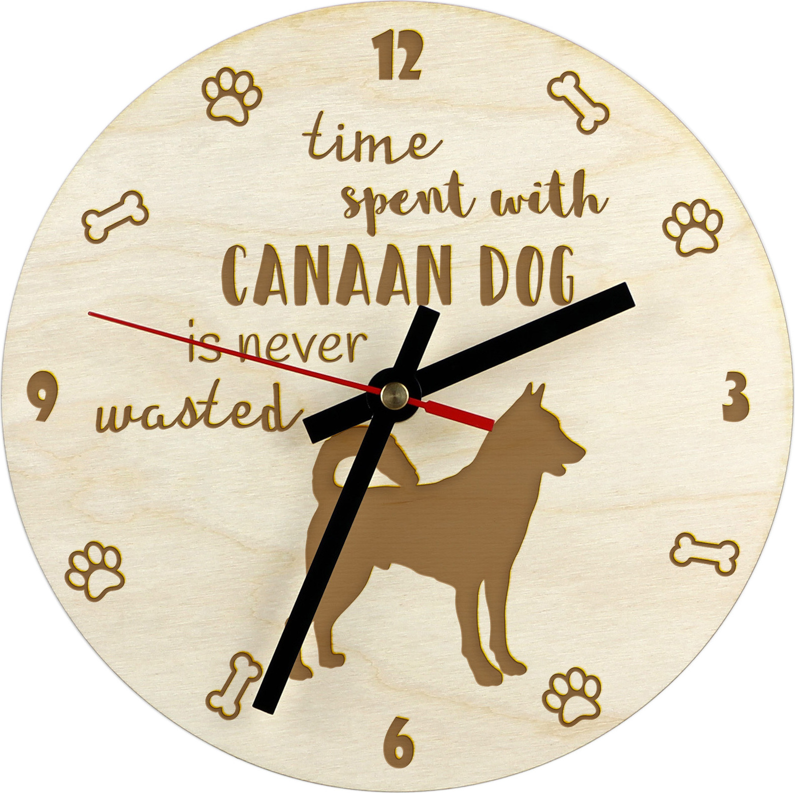 Kanaánsky pes - hodiny so psom, drevené hodiny s gravírovaním, personalizované hodiny od Art-Dog