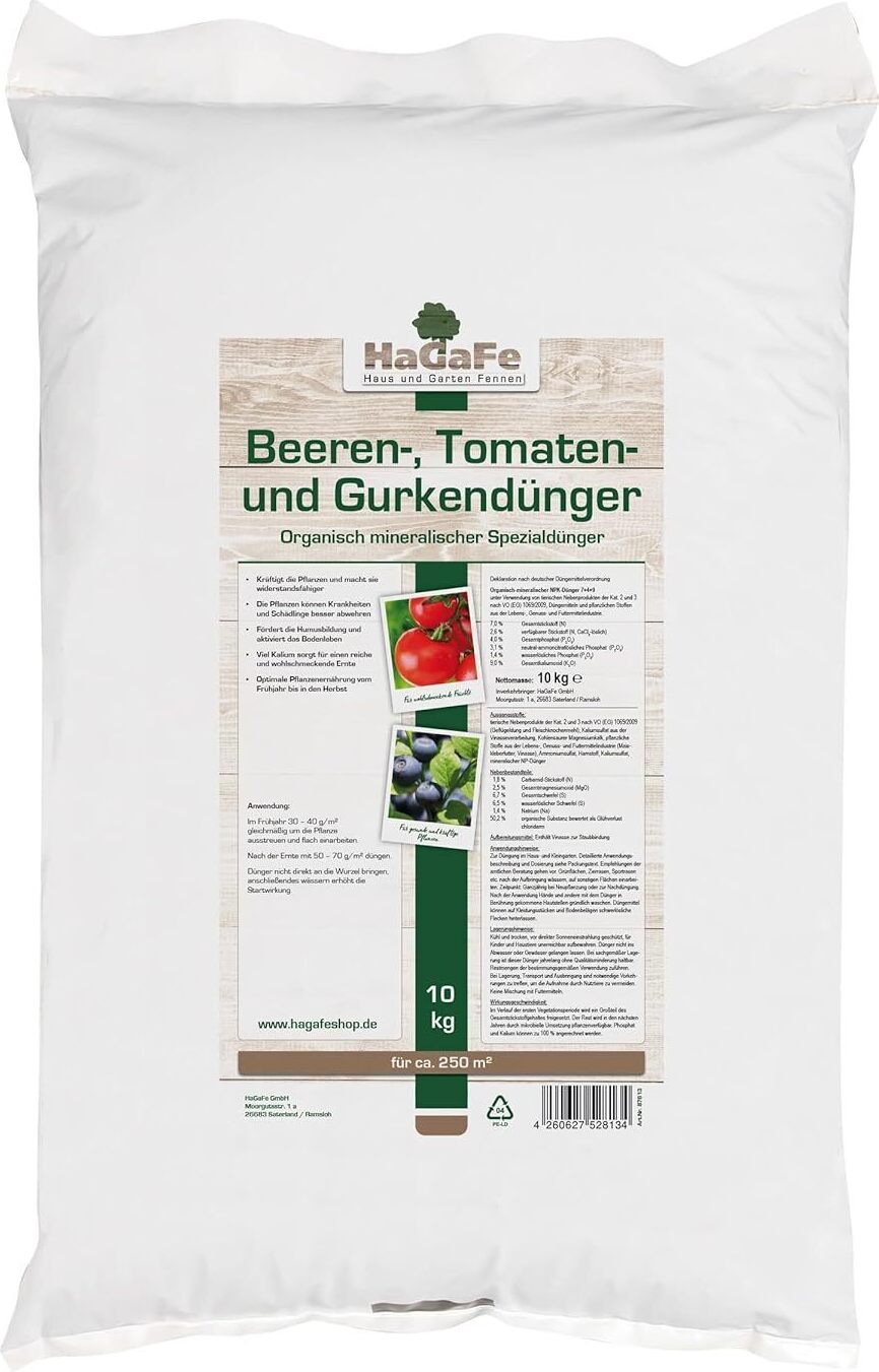 HaGaFe Beerendünger Tomatendünger Gurkendünger Gemüsedünger Hochbeetdünger 10kg (1 x 10 kg)