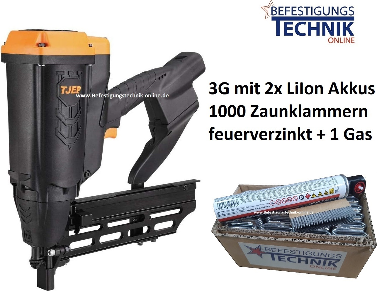 BeTeOn24 TJEP FS-40 GAS 3G Zaunklammergerät inkl. Gas + 1000 Zaunklammern 40mm Krampen für Wild Zaun KL-89.2 100837