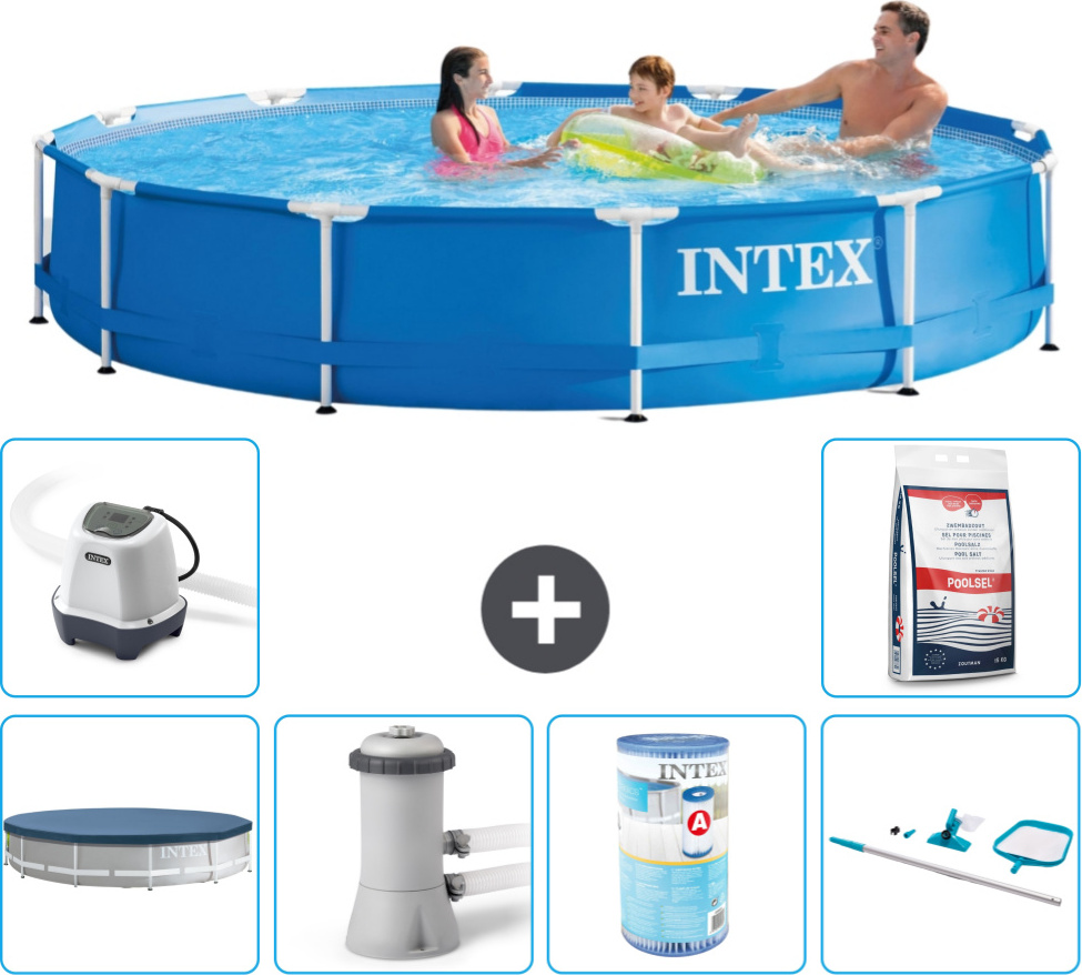 Bazén Intex s okrúhlym rámom - 366 x 76 cm - modrý - vrátane krytu - filtračné čerpadlo pre bazén - filter - čistiaca súprava - systém slanej vody - bazénová soľ