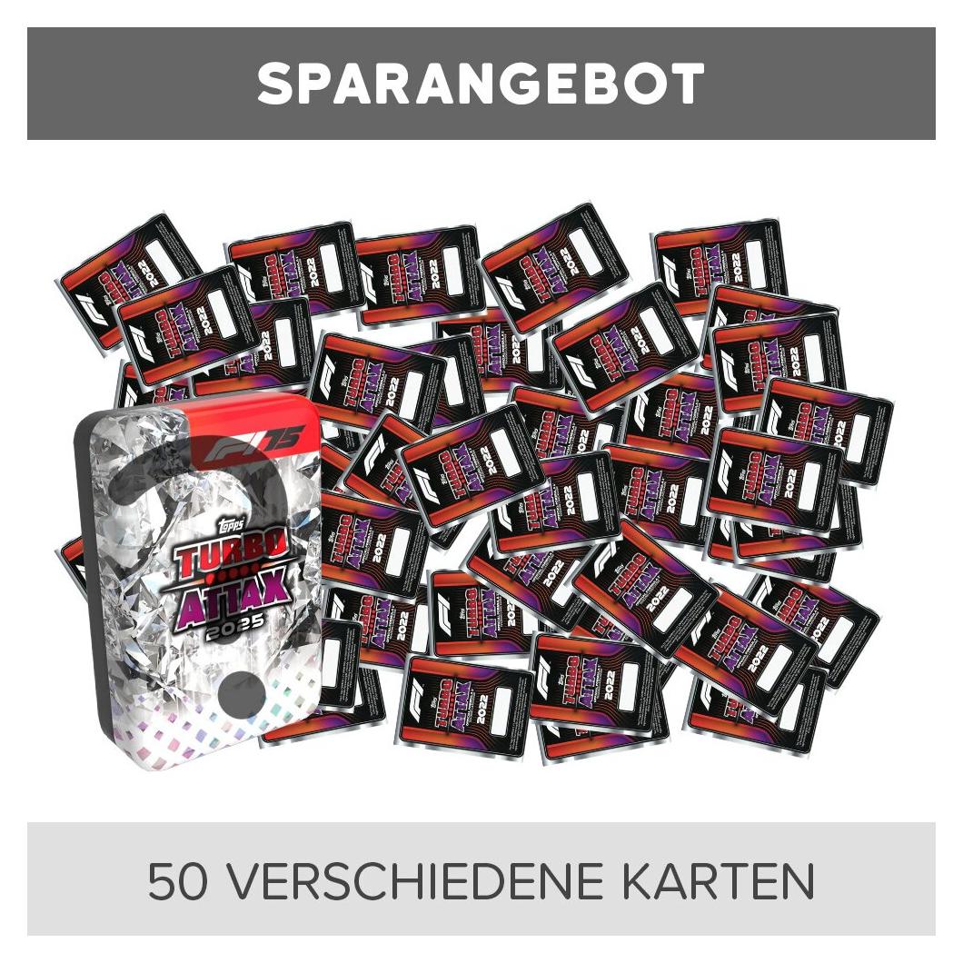 Topps - Turbo Attax Formel 1 2022 - Trading Cards - 50 verschiedene, zufällige Karten + 1 zufällige leere Tin Dose