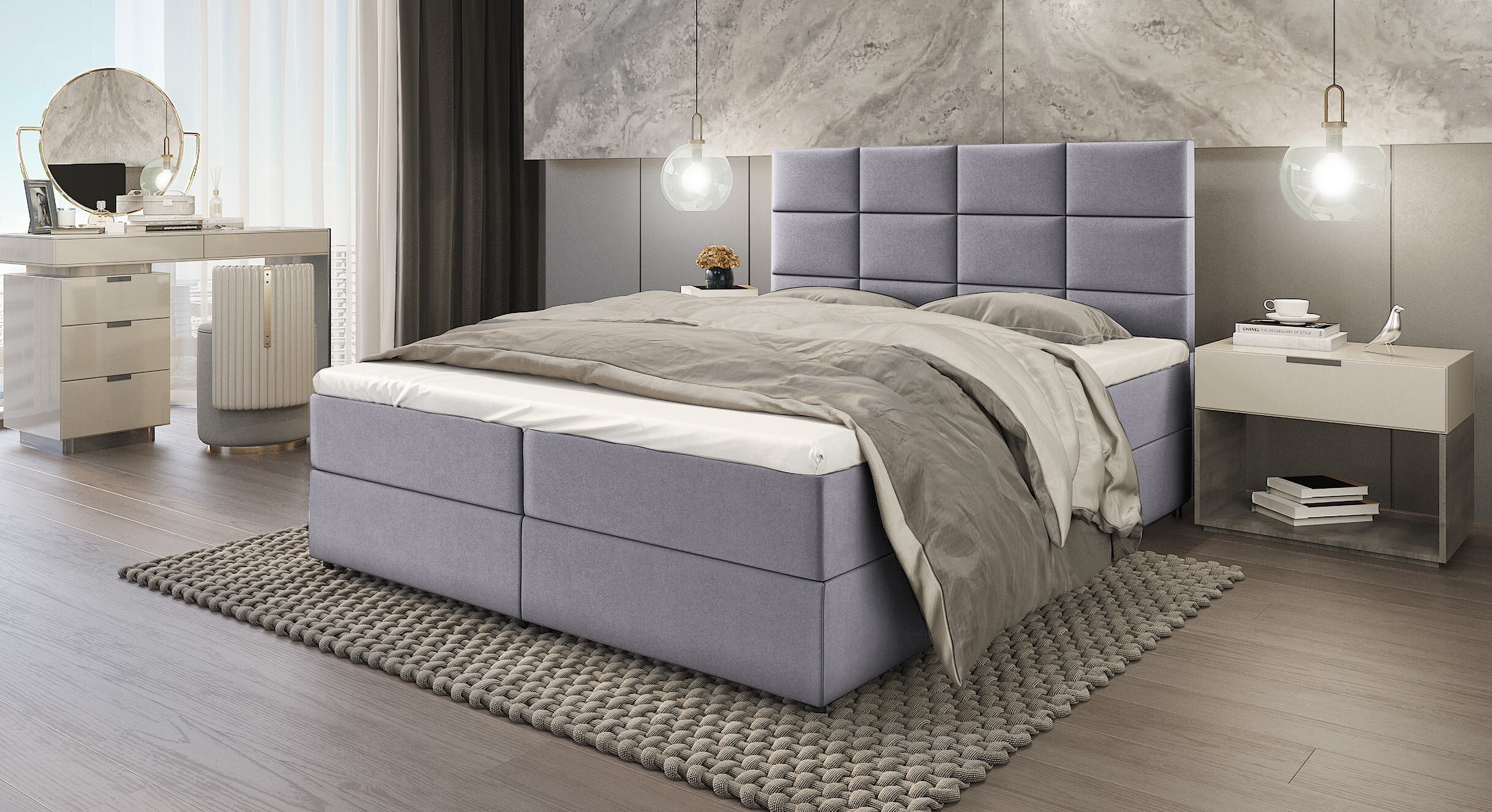 PREDAJ LEADER skriňová pružinová posteľ DENVER 180x200 cm čalúnená posteľ s dvoma zásuvkami, kompletná súprava s matracom a topperom (4 cm), svetlosivá, látka na posteľ ELEMENT 24