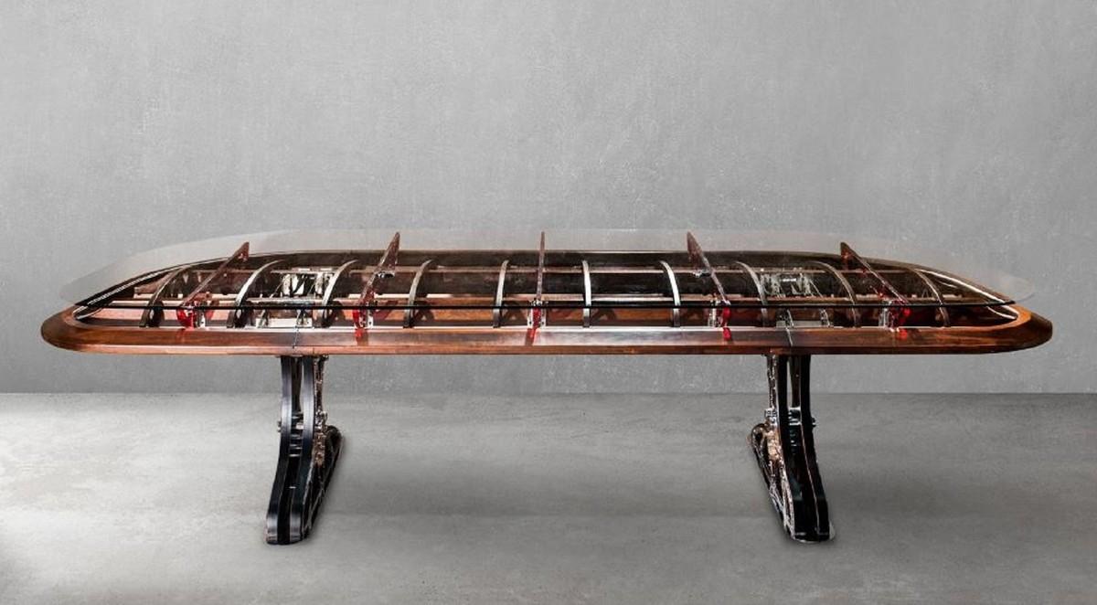 Demotex GmbH Casa Padrino Luxus Industrie Stil Schreibtisch mit Glasplatte Silber / Braun / Rot 333 x 125 x H. 78,5 cm - Industrie Stil Bürotisch - Industrie Stil Büro Möbel - Luxus Industrie Stil Möbel