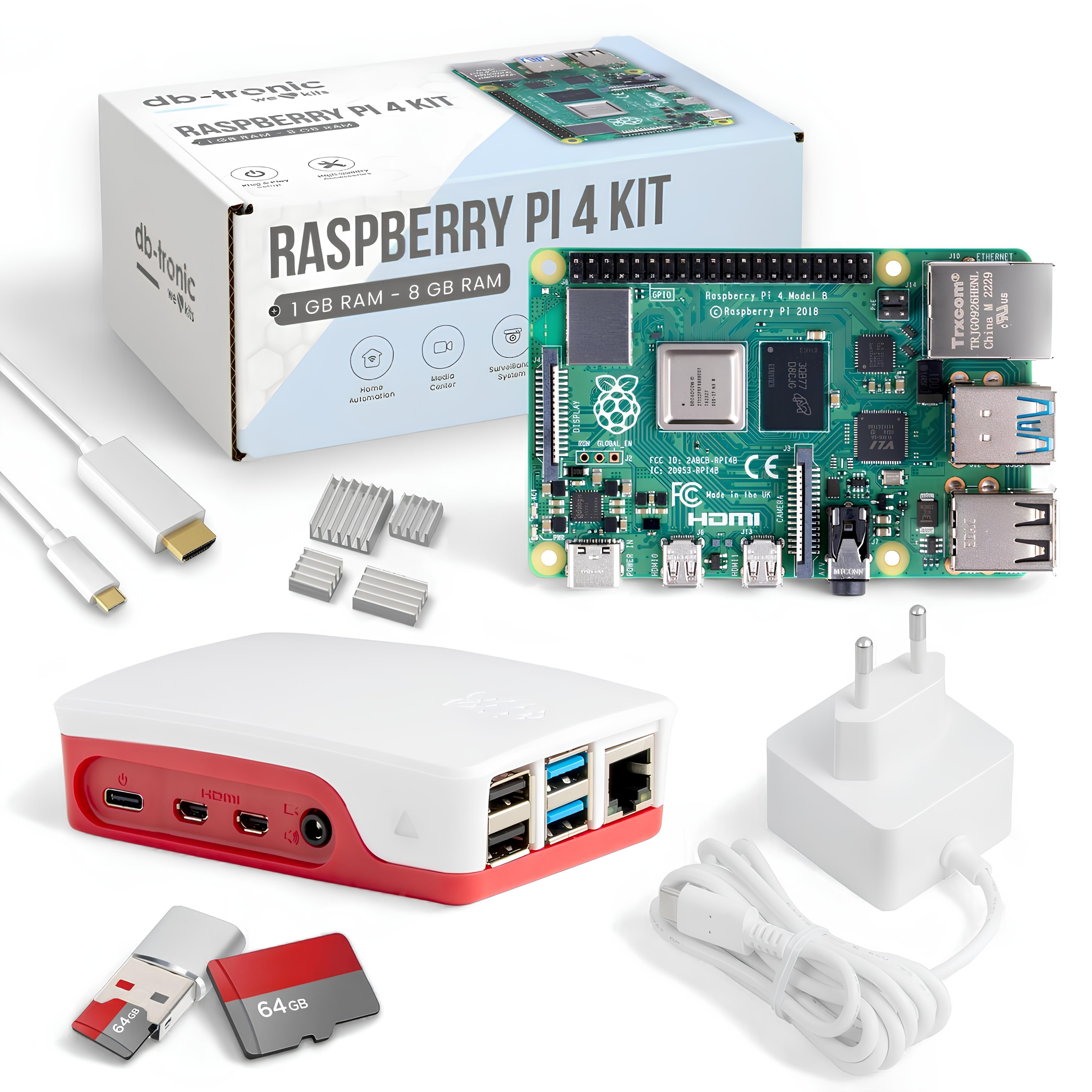 Raspberry Pi 4 4GB Starter-Kit | 64GB Edition | Offizielles Netzteil 15W | Offizielles Gehäuse | 4k Micro HDMI Kabel | Kühlkörper Set | USB-Kart Pi4_4GB-KIT