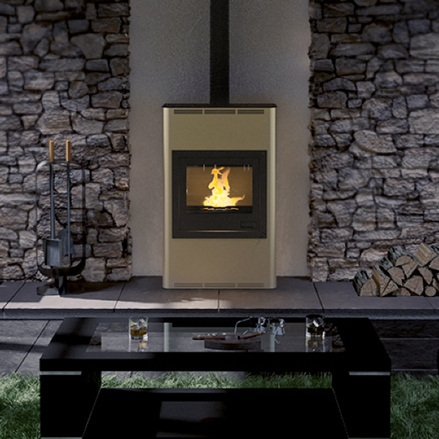 HS FLAMINGO krbové kachle AQUAFLAM 25 s výmenníkom tepla automatická regulácia krémová