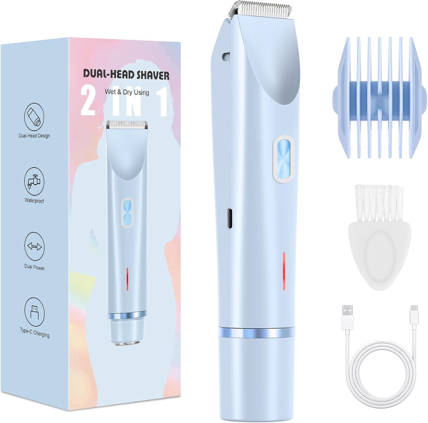 Intimný holiaci strojček pre ženy, dvojhlavý holiaci strojček 2 v 1 s nabíjaním cez USB-C, dámsky elektrický holiaci strojček na tvár, nohy s vodotesnou zastrihávacou hlavou