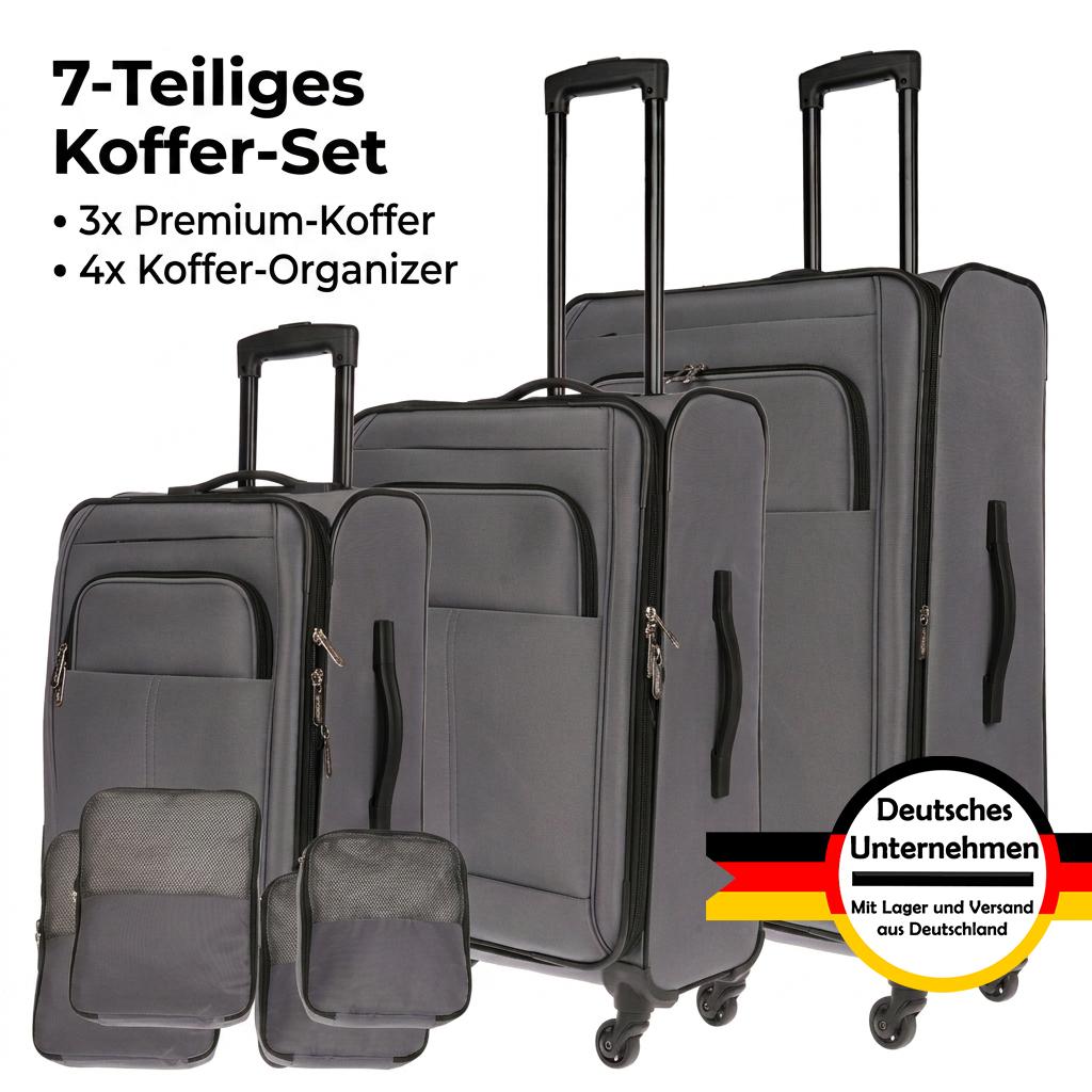AFI Products 3er Koffer Set Stoff und 4x Organizer - Koffer Set Weichschale mit 4 Rollen - Softshell Koffer Set - Kofferset 3 Teilig Weichschale - Leicht & Robust 781926