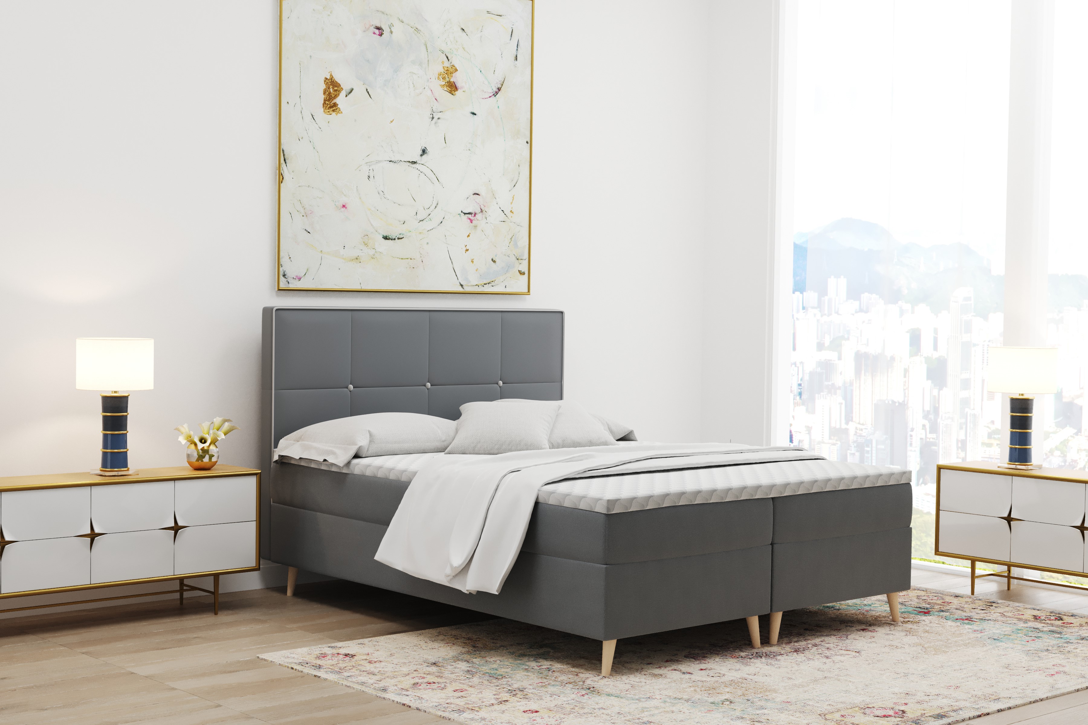 Box spring posteľ s matracom MANILA veľa veľkostí a veľa farieb látka Riviera 180 cm x 200 cm sivá