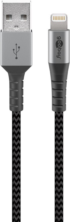 Textilný kábel Lightning na USB-A s kovovými zástrčkami, mimoriadne robustný pripojovací kábel pre Apple iPhone, iPad, iPod, AirPod, optimalizovaná ochrana proti zalomeniu