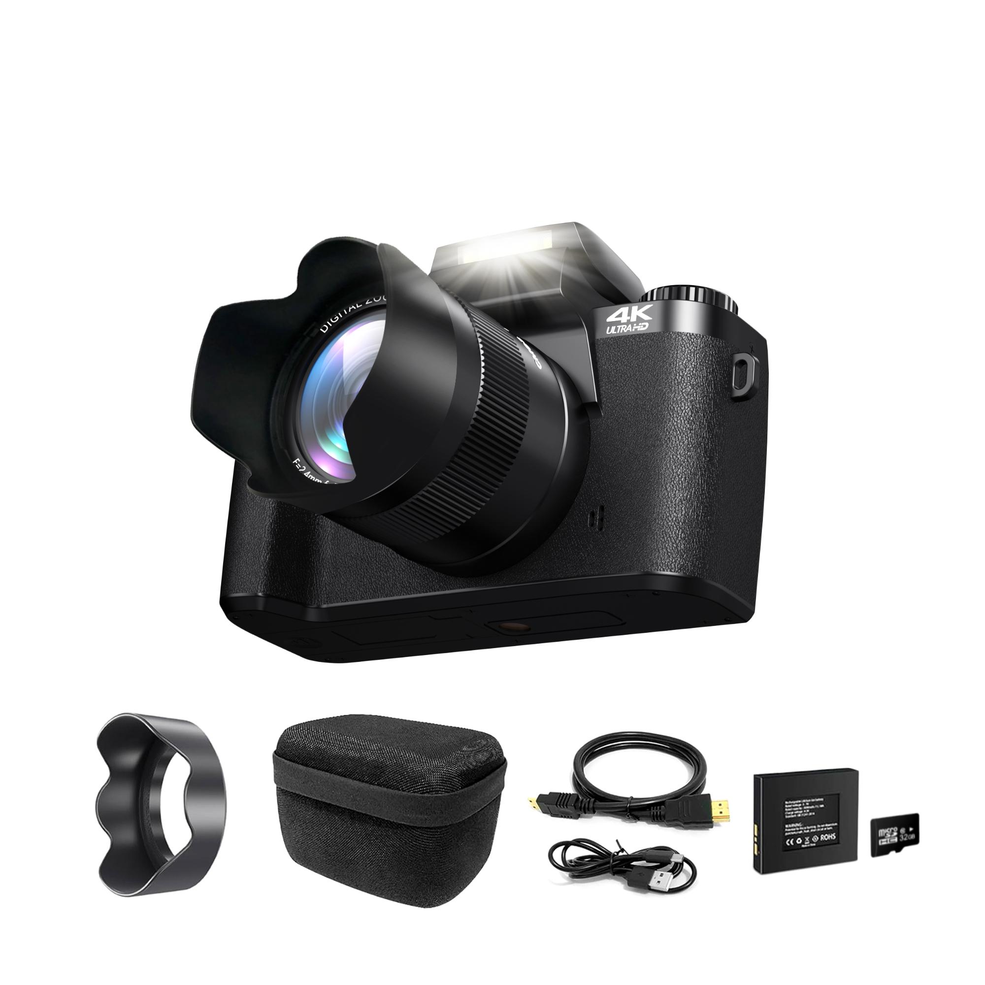 OKA gute Qualität Digitalkamera 4K, 64MP Fotokamera mit 4.0" Touchscreen, 16X Digitalzoom Kompaktkamera mit WiFi Funktion, mit Kameratasche, Haube, 32GB TF-Karte