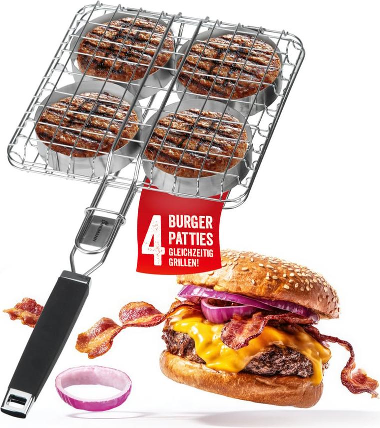 LANDMANN Pure Grillbräter | Für 4 Hamburger Patties und Frikadellen & Extra breit für American Burger Patties | Gummierter Griff für eine sichere Handhabung | Inkl. 4 Metallringe [Edelstahl] 15400