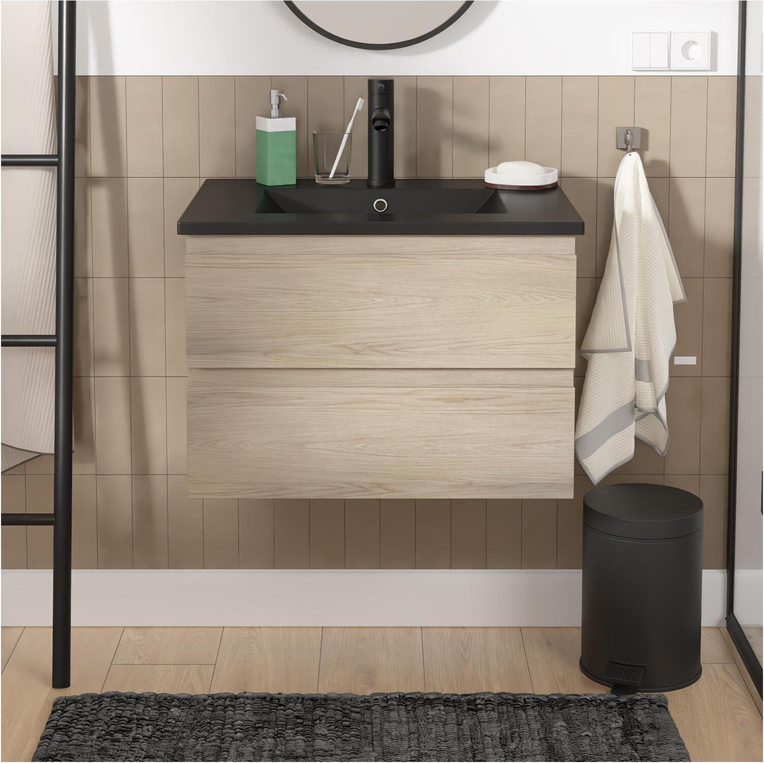 Einzelwaschtisch-Set 60cm mit Keramikplatte und schwarzem Wasserhahn SORRENTO