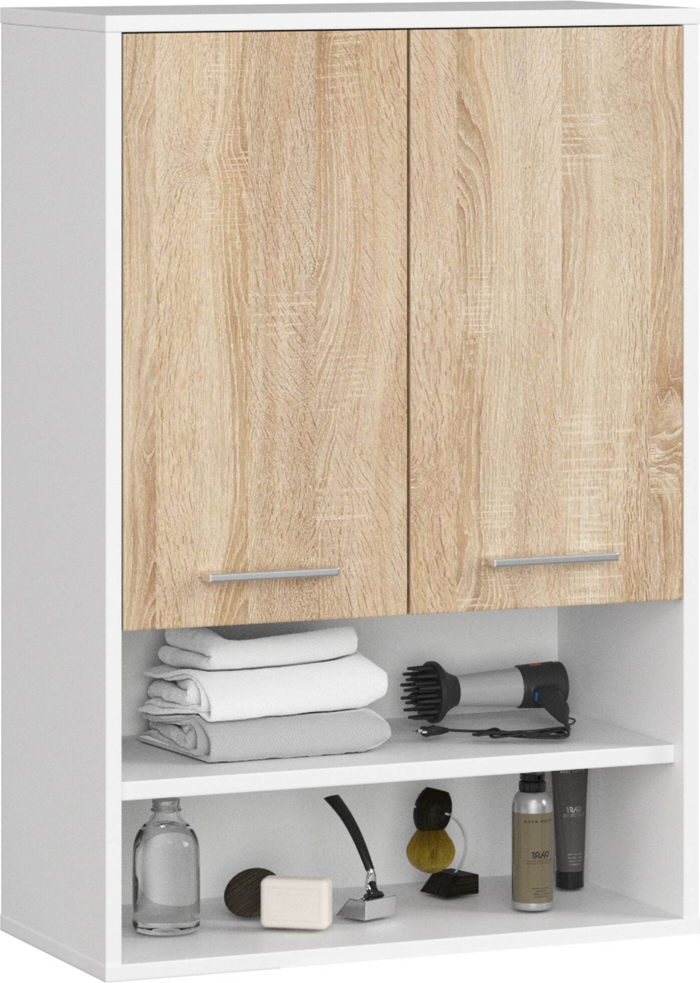 Akord Badezimmer-Hängeschrank FIN Weiß, Sonoma Eiche 64 cm 2 Türen B64xH94xT30 cm OP0LLAZFINW64BIASON