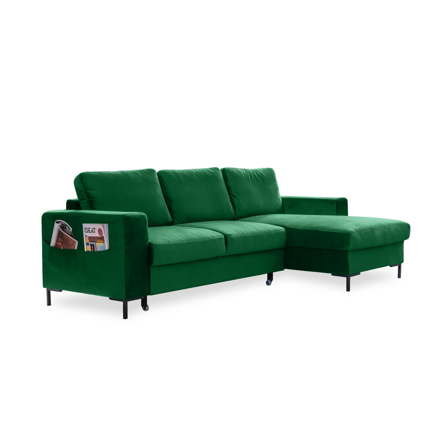 Ecksofa Lofty Lilly mit Bettfunktion Velours KRO-19 Flaschengrün Ausrichtung Rechts
