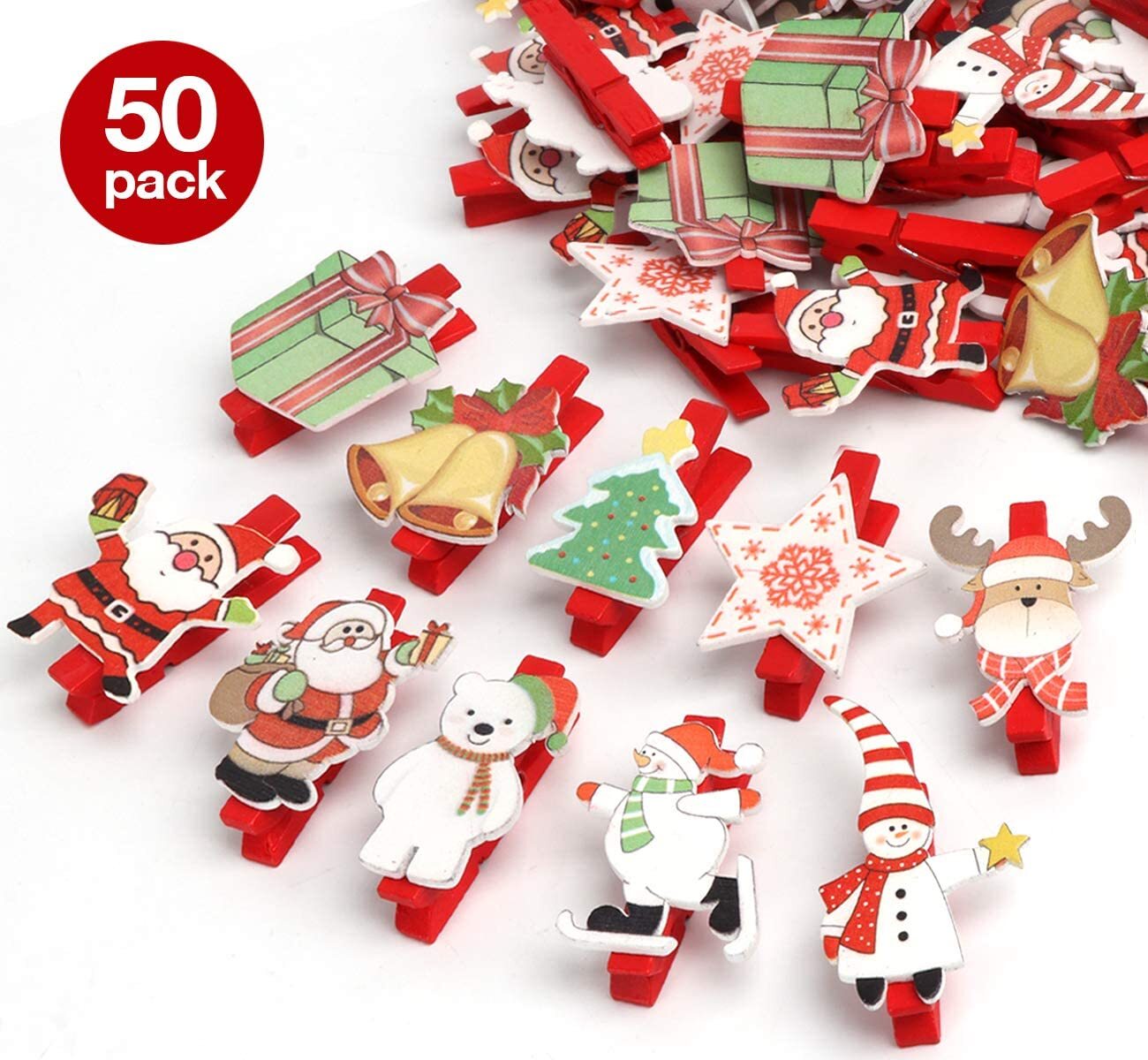 GROOFOO 50er Weihnachten Klammern Weihnachtsdeko Holzklammern für Fotos Mini Klammern mit süßen Weihnachten Figuren Wäscheklammern Dekoklammern Holzwäscheklammern Zierklammern