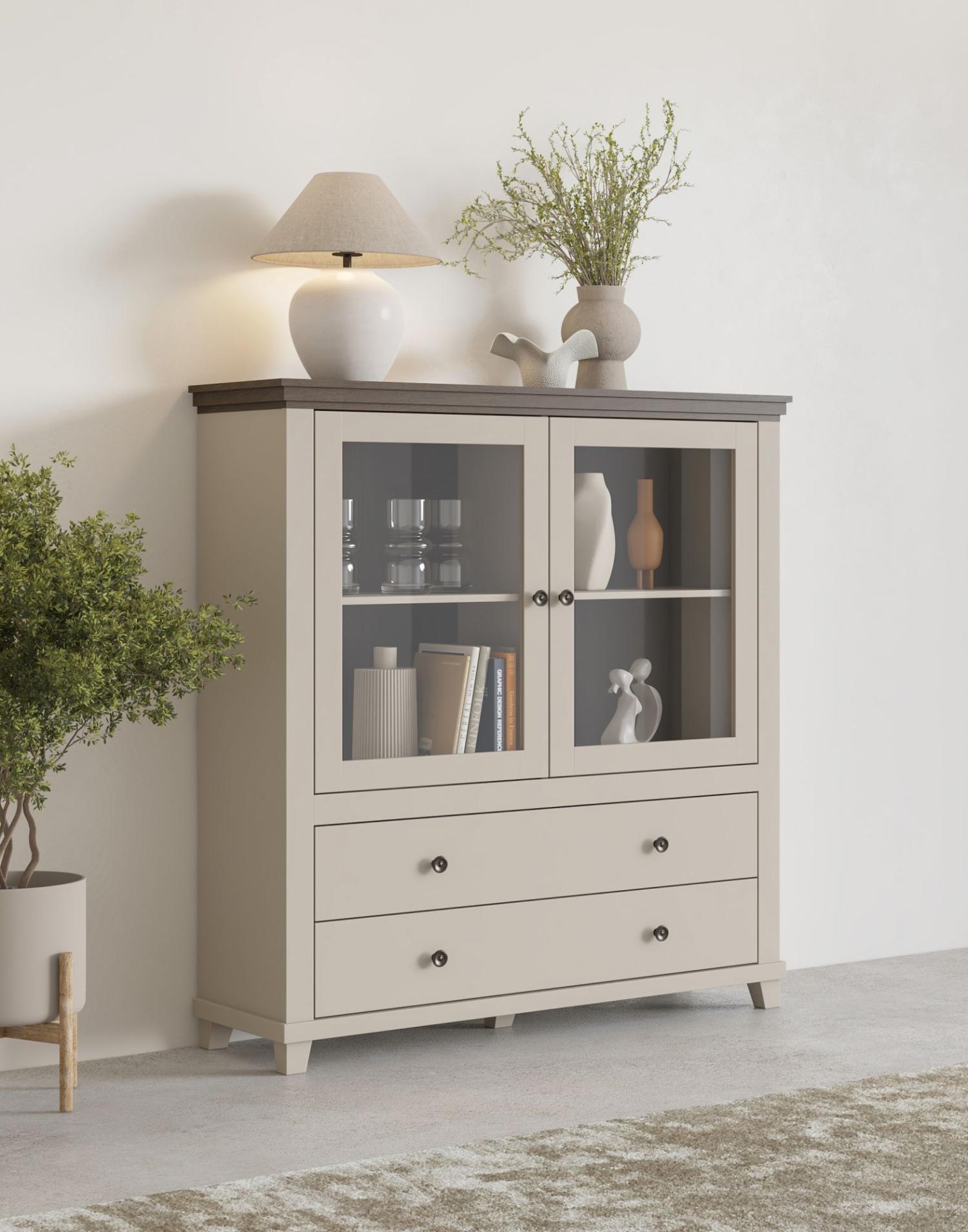 VENETI Hohe Kommode mit Glastüren EROL – Beige/Dunin-Eiche 003-10-00337