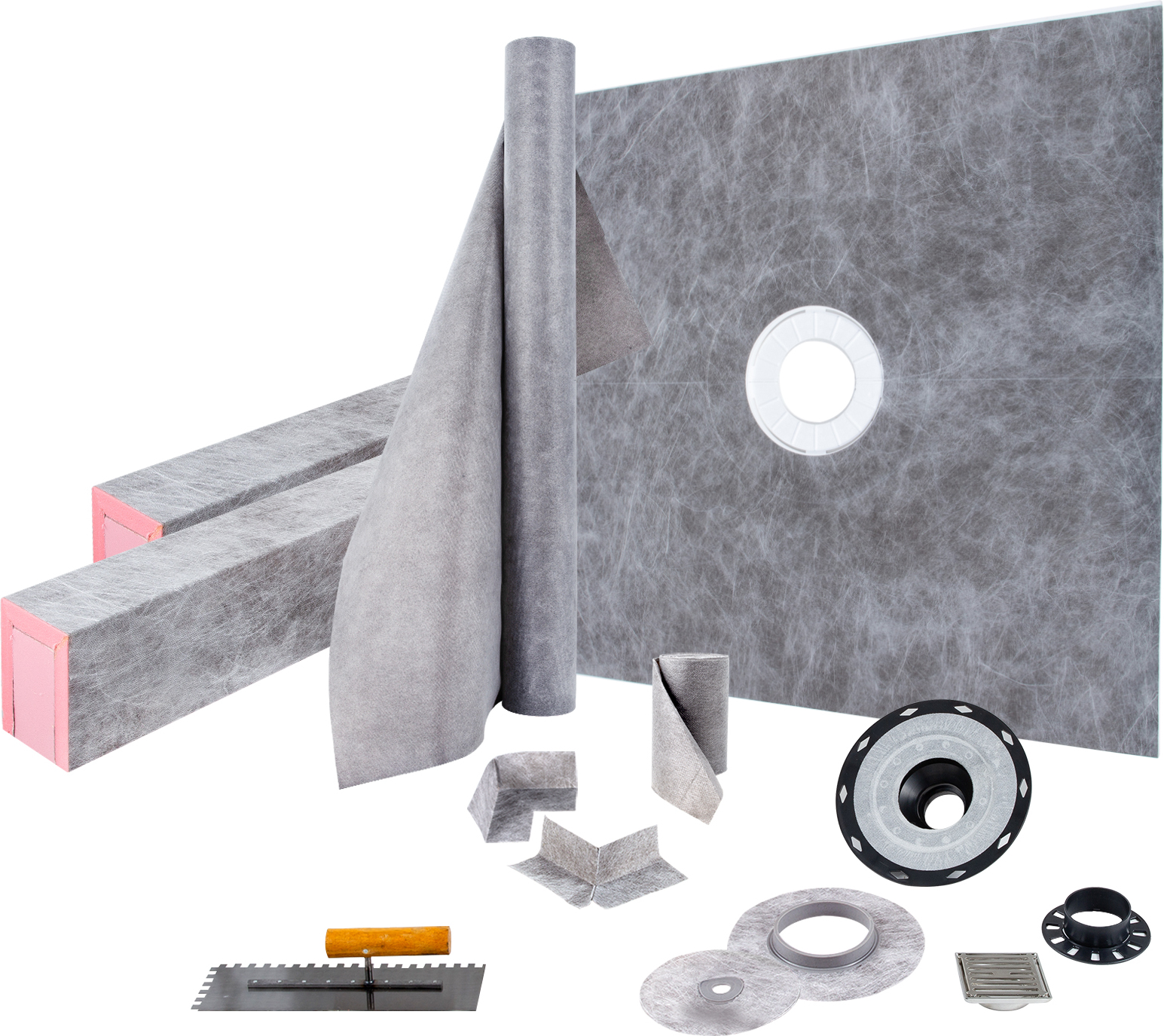 VEVOR Duschschwellen-Set, 48 x 48 Zoll wasserdichte Duschschwellenmatte mit 4 Zoll PVC-Mittelflansch, 4 Zoll Edelstahlgitter, 2 schneidbaren Schwellen und Kelle, Duschwannenrampe VV-LYDZ-PVC4848Z