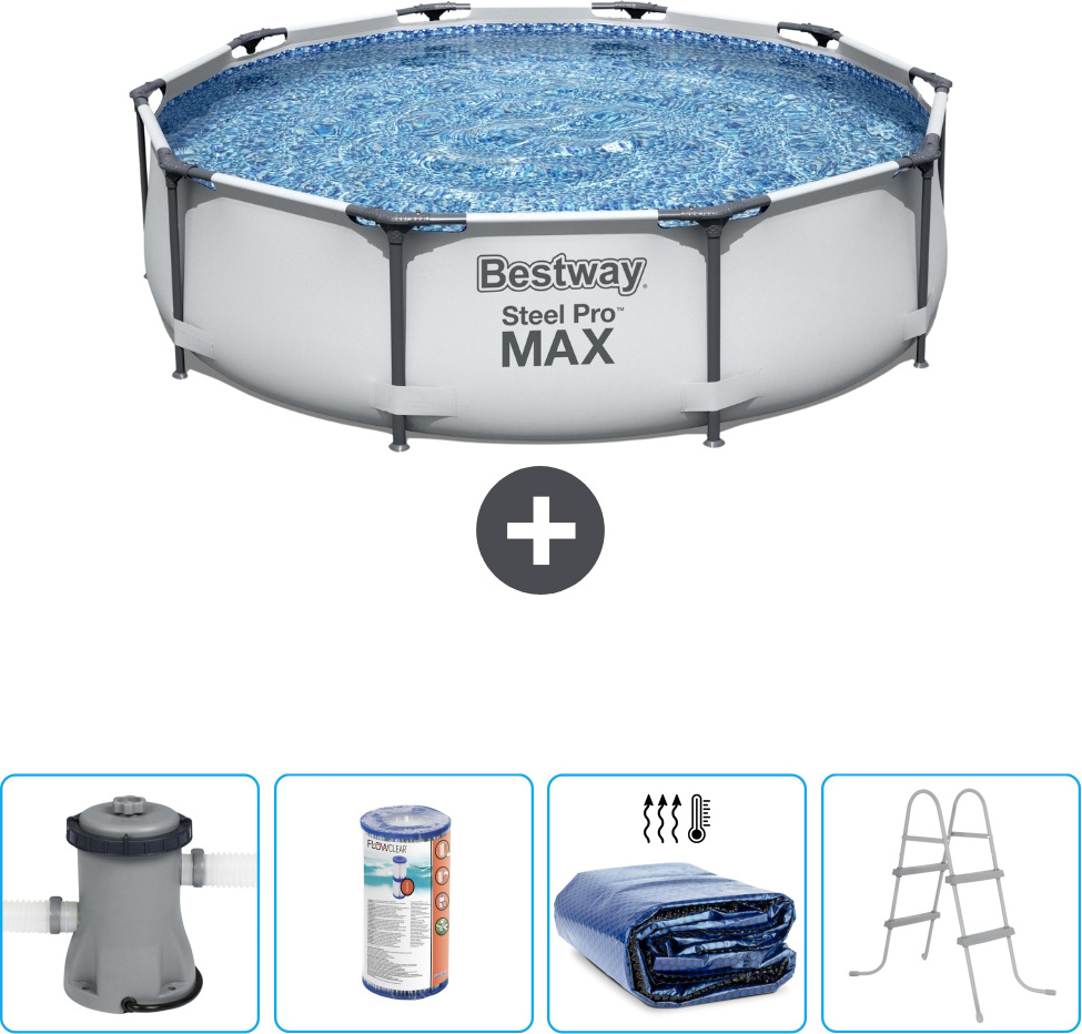 Okrúhly bazén Bestway Steel Pro MAX - 305 x 76 cm - sivý - vrátane čerpadla - filtra - slnečnej plachty - rebríka