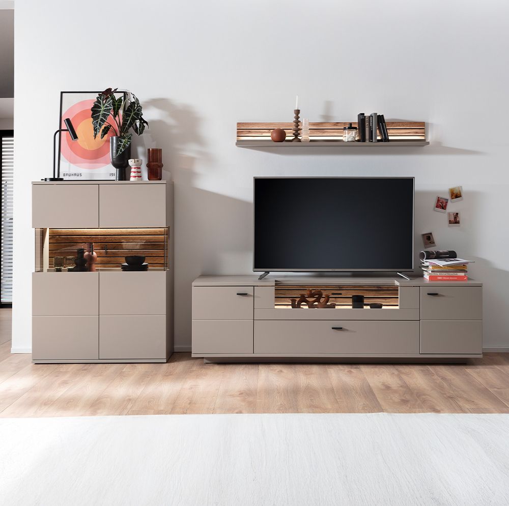 Lomadox Wohnwand 3-teilig LIEZEN-05 in grau mit Eiche inkl. Beleuchtung LA05-LIEZEN-05-SET20