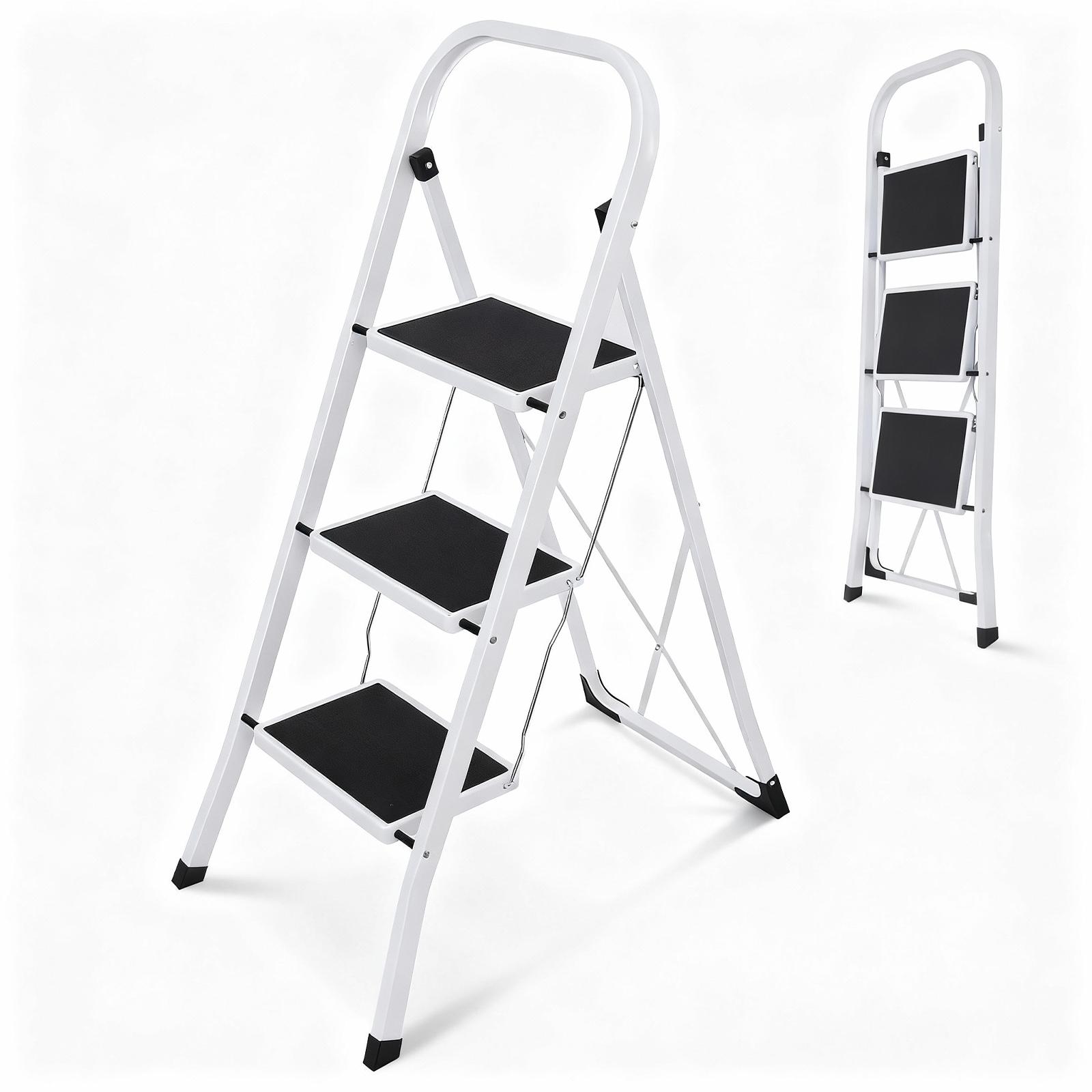 Sekey Trittleiter Klappleiter 3 Stufen – bis 150 kg, rutschfest, Lock-Klappsperre, Haushaltsleiter ML7