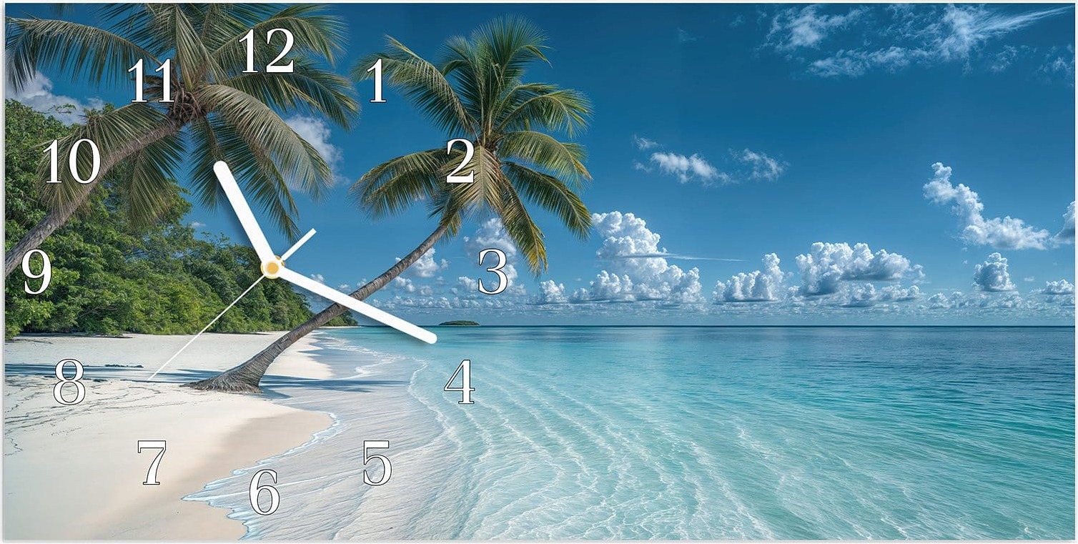 Primedeco Wanduhr aus Glas mit Motiv Strandurlaub- 60 x 30 cm - inkl. Aufhängesystem