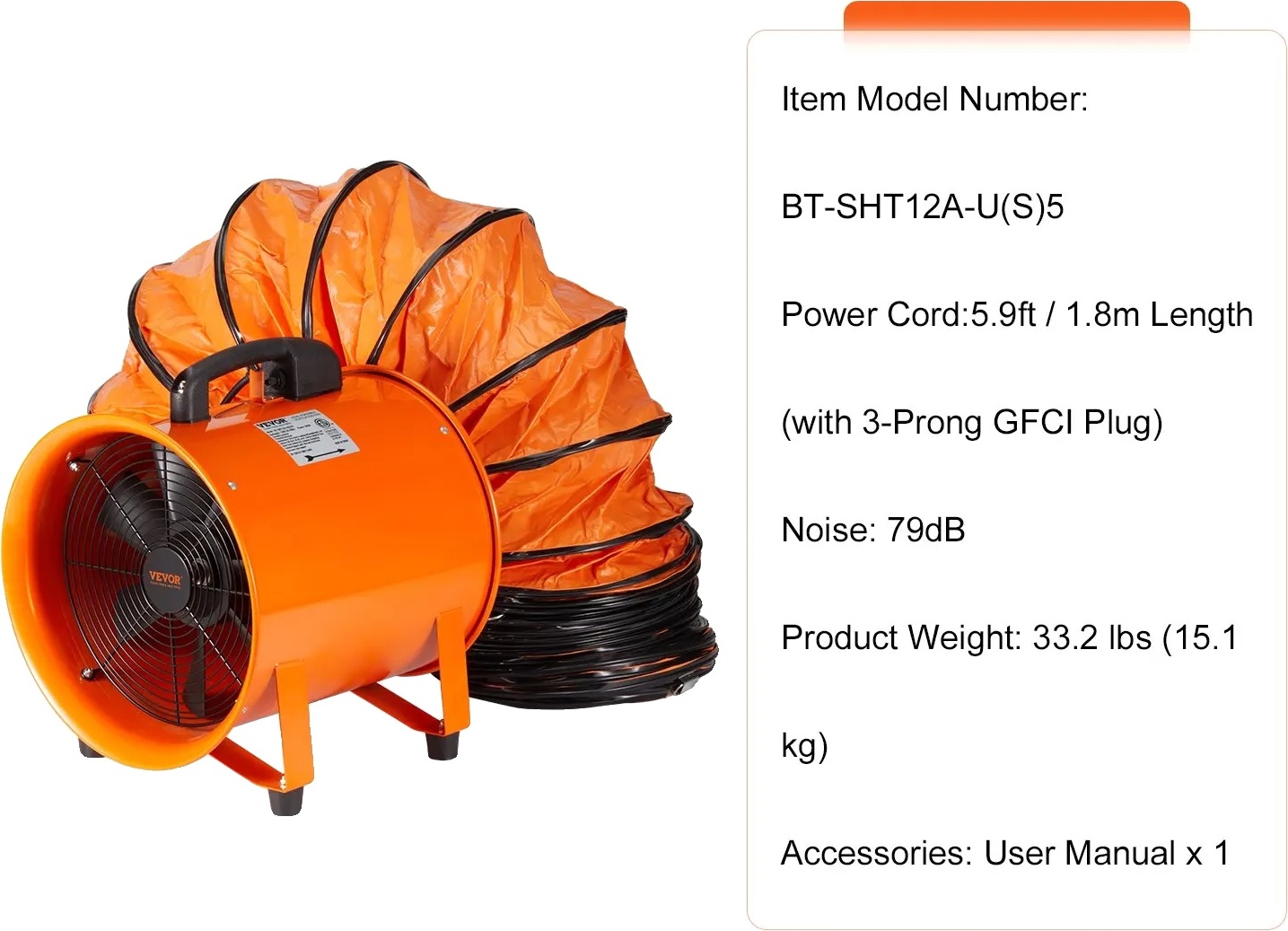 Priemyselný odsávací ventilátor, prietok vzduchu 1070 CFM, robustná oceľová konštrukcia, 367W 5M 12in