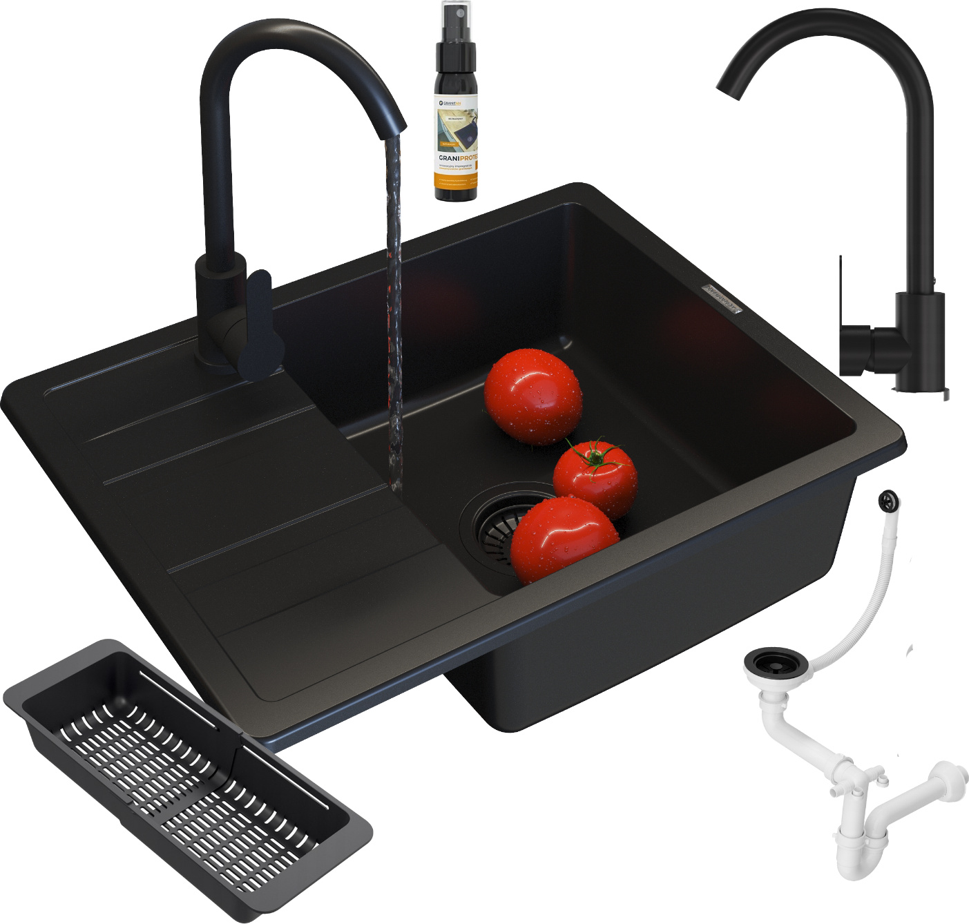 Granitan | Granitspüle PAROS - 580x440 mm - Schwarz - Einbau mit Zubehör und Pflegeprodukt