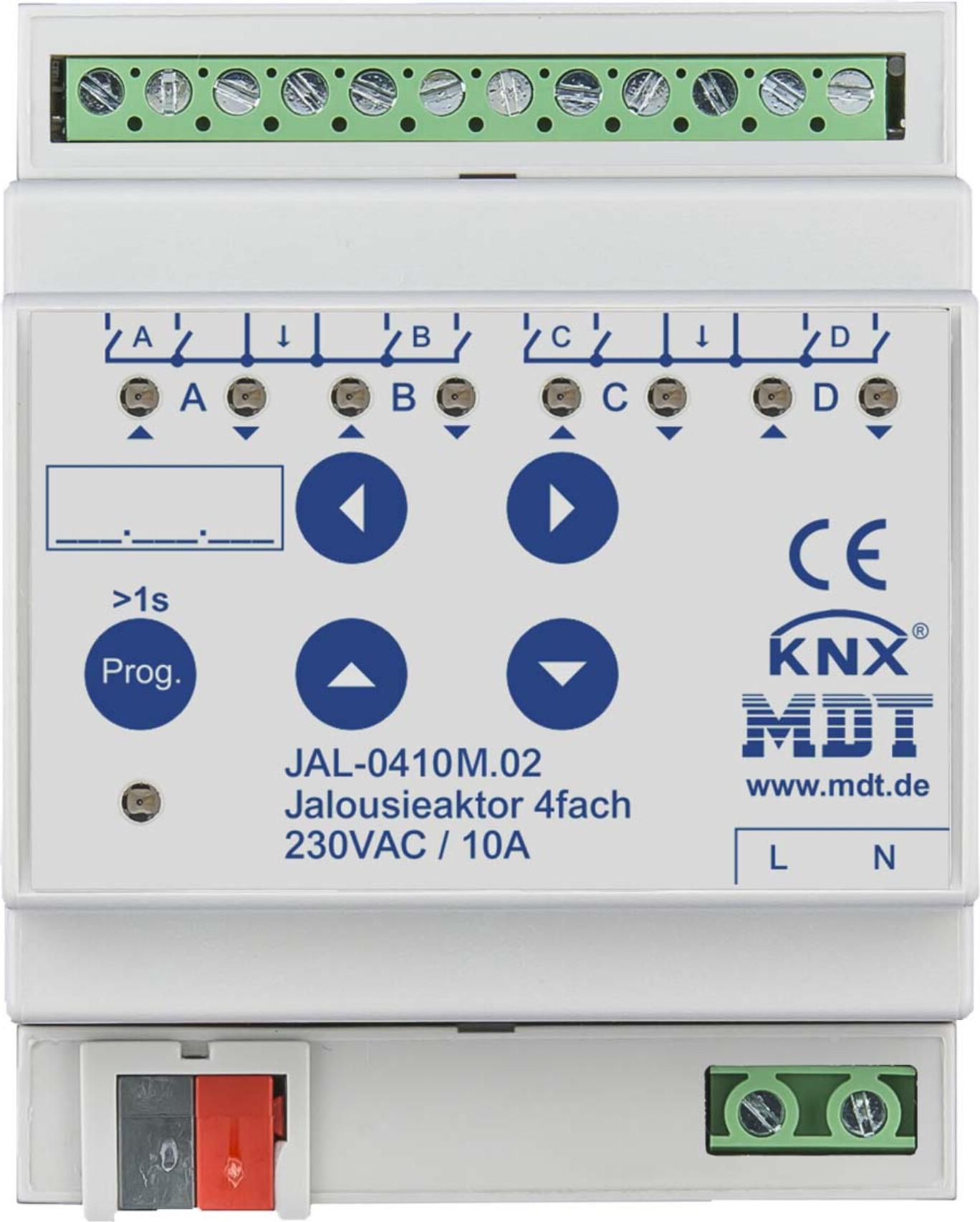 MDT KNX Jalousieaktor 4fach mit aut. Fahrzeitmessung REG JAL-0410M.02