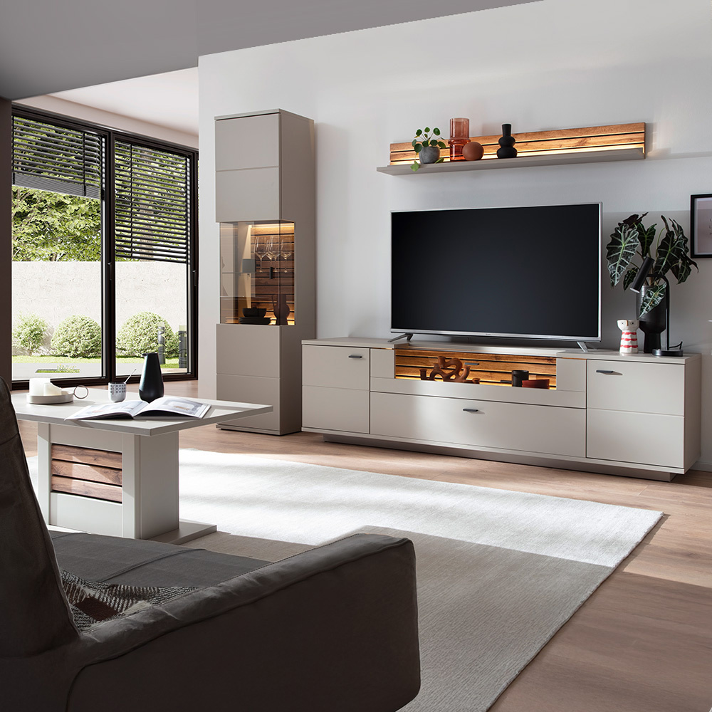 Lomadox Wohnzimmer-Set 4-teilig LIEZEN-05 in grau mit Eiche inkl. Beleuchtung LA05-LIEZEN-05-SET15