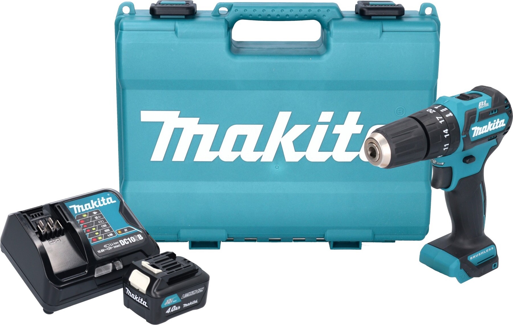 Akumulátorová príklepová vŕtačka Makita HP 332 DSM1E 12 V max. 35 Nm bez kefiek + 1x akumulátor 4,0 Ah + nabíjačka + kufor