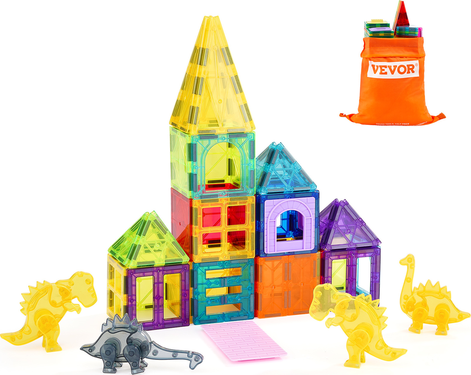 VEVOR Magnetische Kacheln, 56-teiliges magnetisches Tier-Bauset für Kinder, Magnet-Bausatz mit 4 Dinosauriern, STEM-Sensorik-Lernspielzeug, Konstruktions-Stapelspielzeug