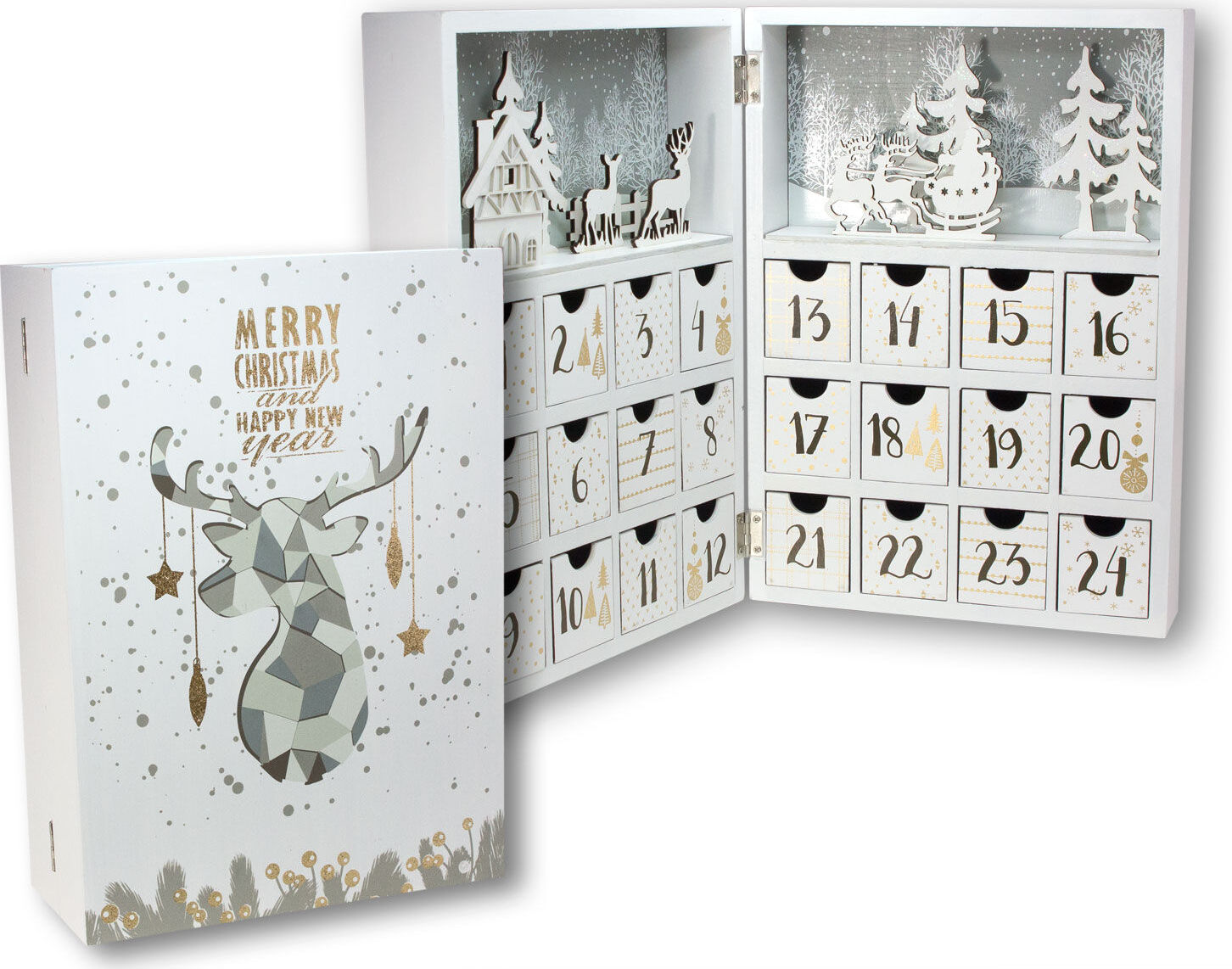 Knižný adventný kalendár 30 cm s 24 políčkami - v bielej farbe